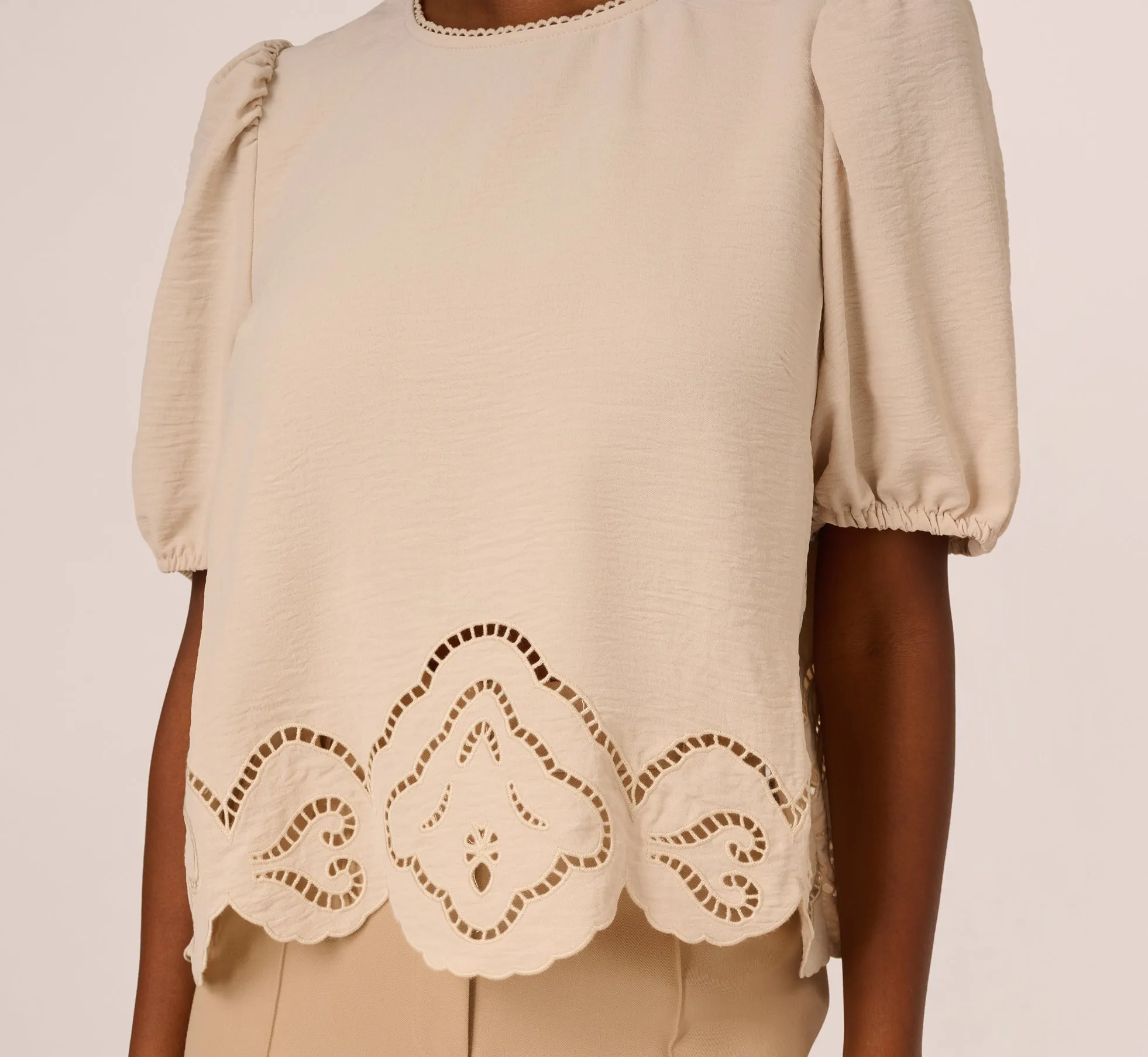 Airflow Eyelet Embroidered Woven Crop Top In Pebble sold by Adrianna Papell product image thumbnail 4