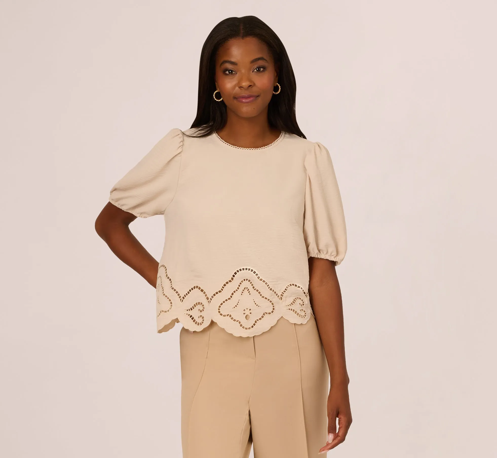 Airflow Eyelet Embroidered Woven Crop Top In Pebble sold by Adrianna Papell