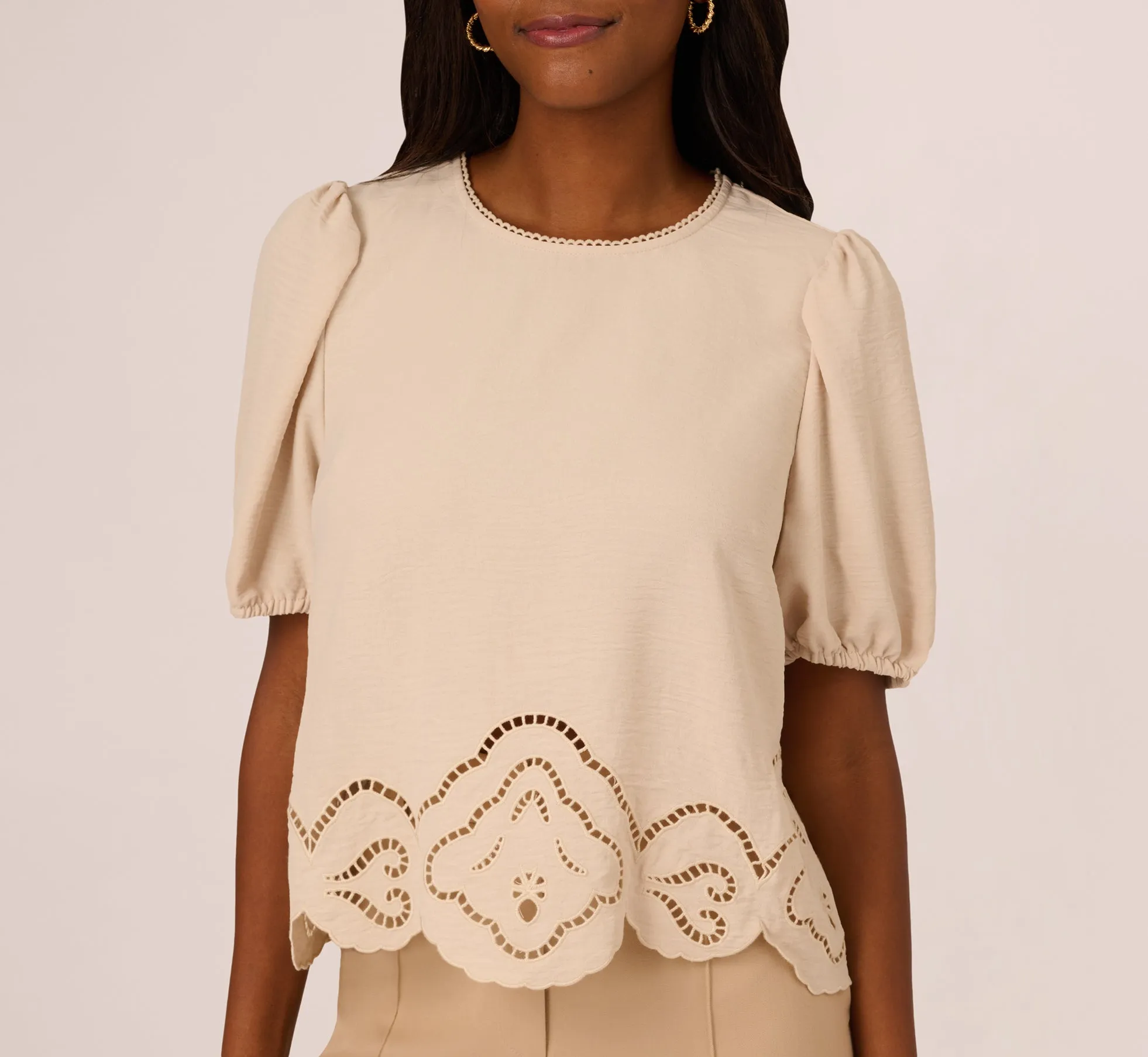Airflow Eyelet Embroidered Woven Crop Top In Pebble sold by Adrianna Papell product image thumbnail 3