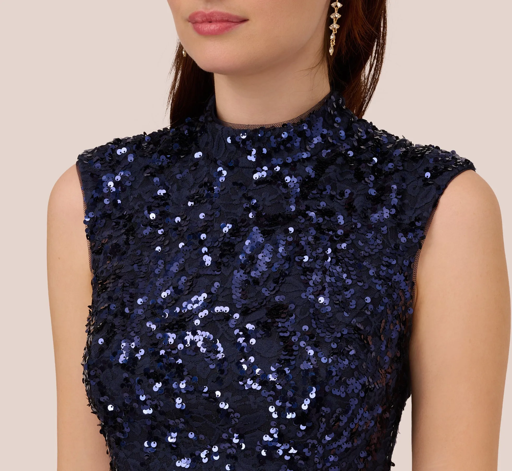 Sequin Lace Sleeveless Midi Dress With Mock Neck In Navy sold by Adrianna Papell product image thumbnail 3