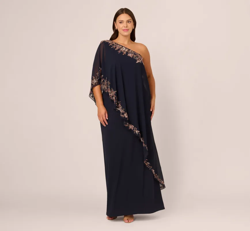 Plus Size One Shoulder Bead Chiffon Cape Dress In Navy Rosegold sold by Adrianna Papell