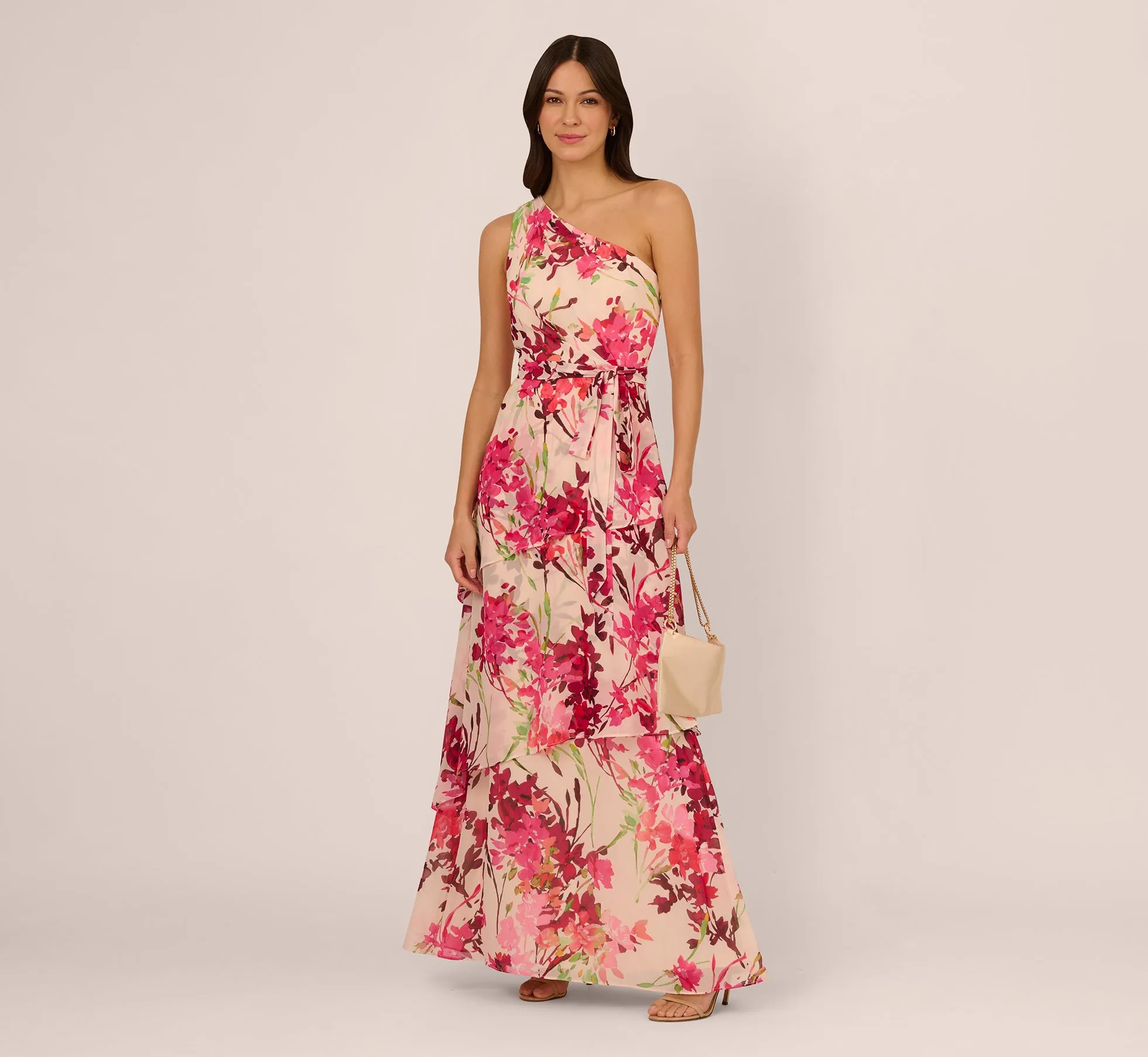 One Shoulder Floral Chiffon Tiered Gown In Alabaster Multi sold by Adrianna Papell