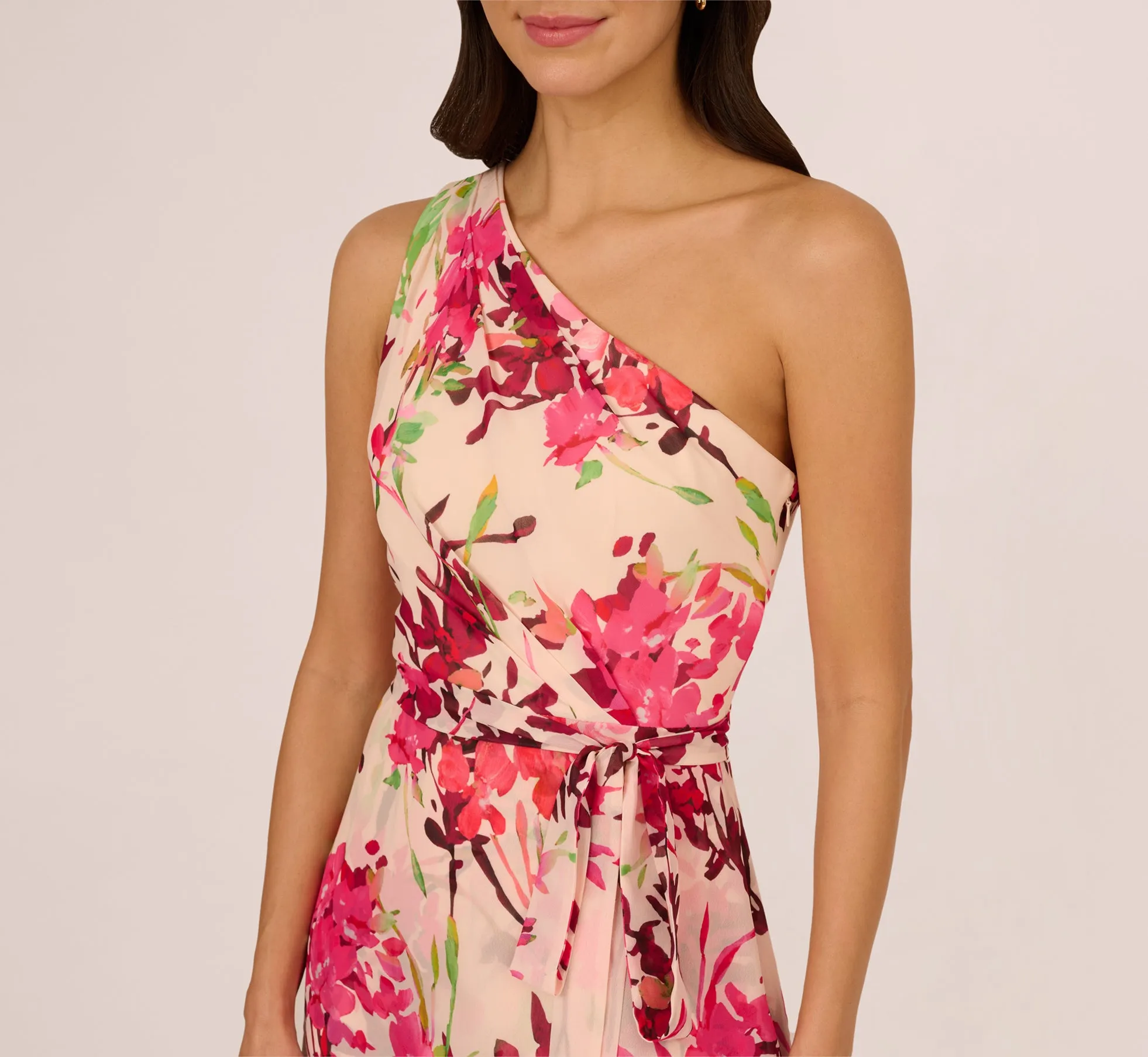 One Shoulder Floral Chiffon Tiered Gown In Alabaster Multi sold by Adrianna Papell product image thumbnail 3