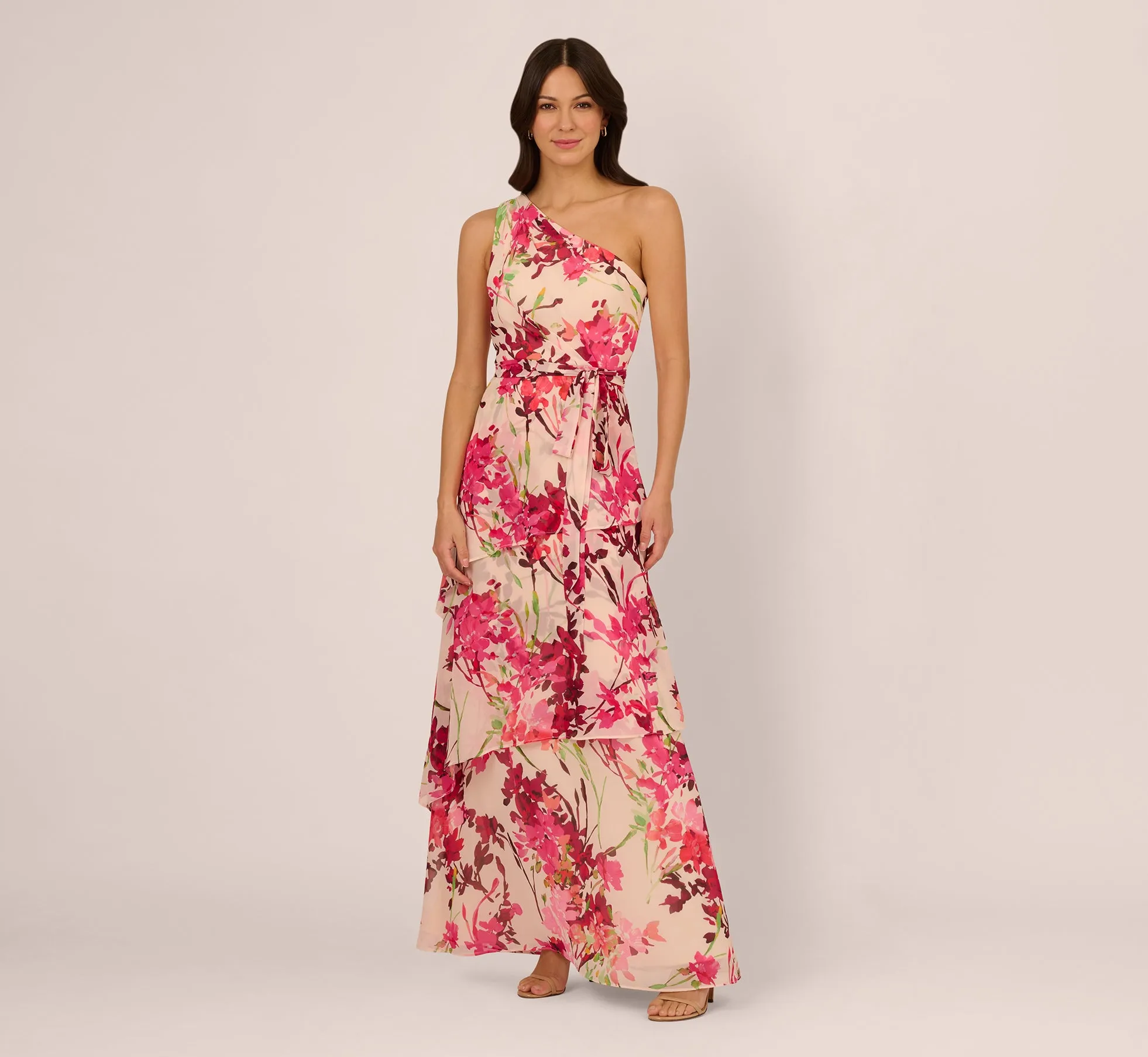 One Shoulder Floral Chiffon Tiered Gown In Alabaster Multi sold by Adrianna Papell product image thumbnail 2