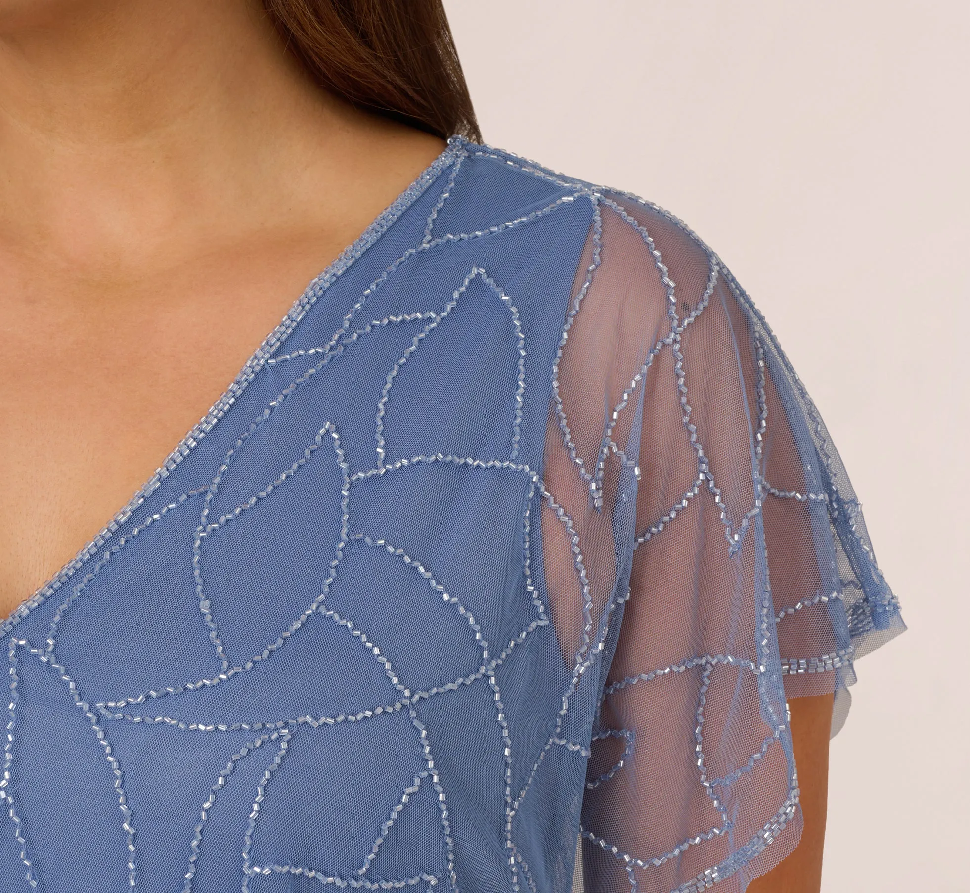 Plus Size Beaded Blouson Mermaid Gown With Sheer Dolman Sleeves In French Blue sold by Adrianna Papell product image thumbnail 5