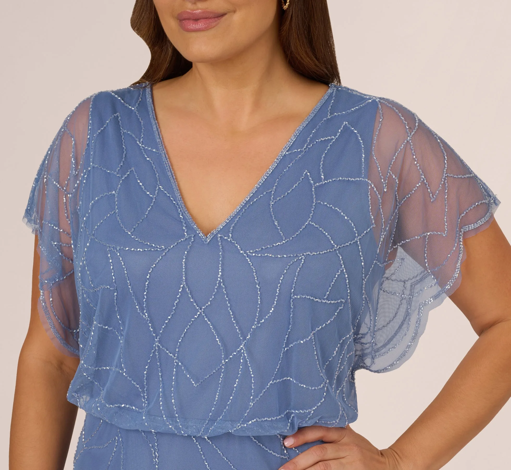 Plus Size Beaded Blouson Mermaid Gown With Sheer Dolman Sleeves In French Blue sold by Adrianna Papell product image thumbnail 3