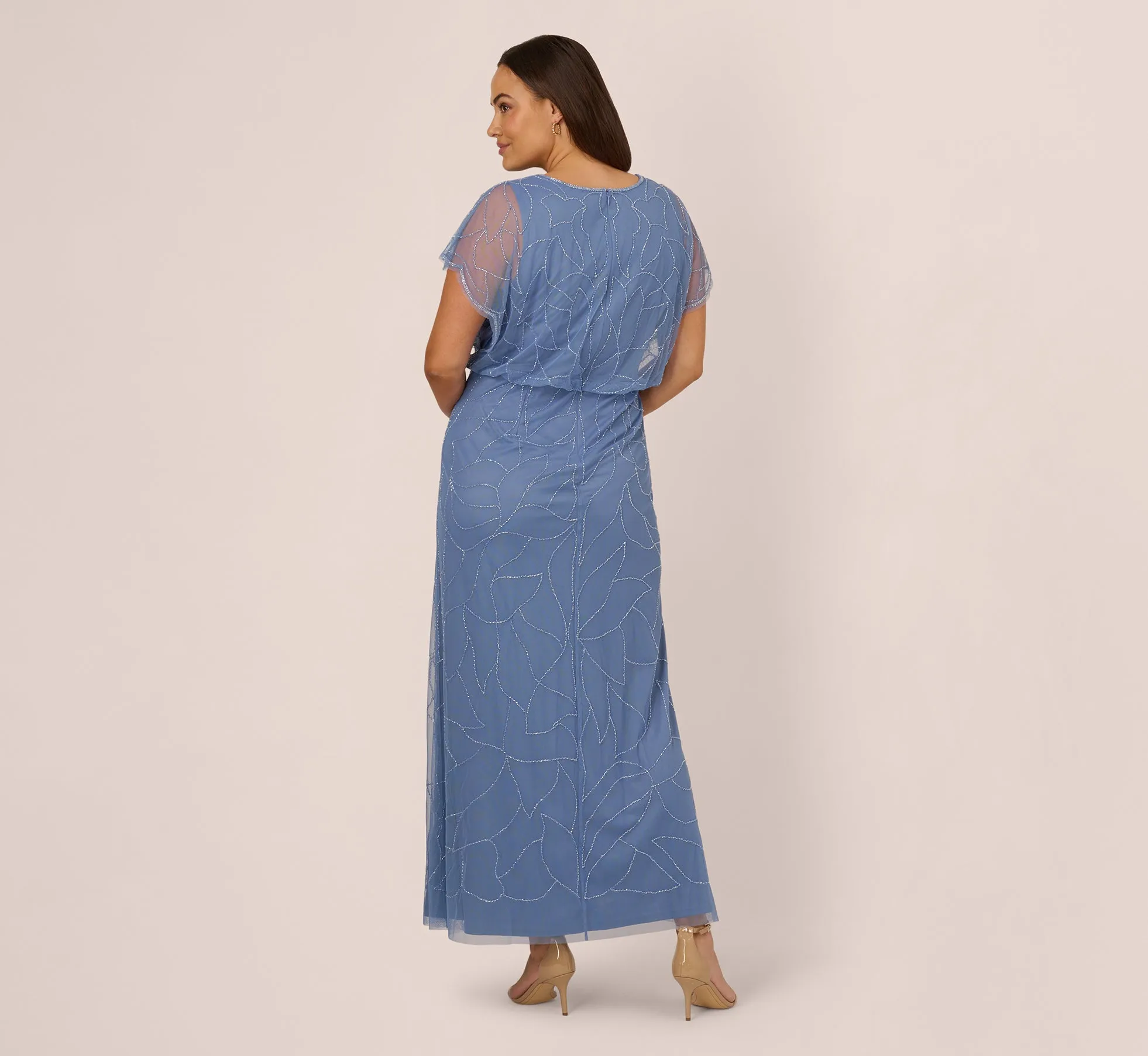 Plus Size Beaded Blouson Mermaid Gown With Sheer Dolman Sleeves In French Blue sold by Adrianna Papell product image thumbnail 4