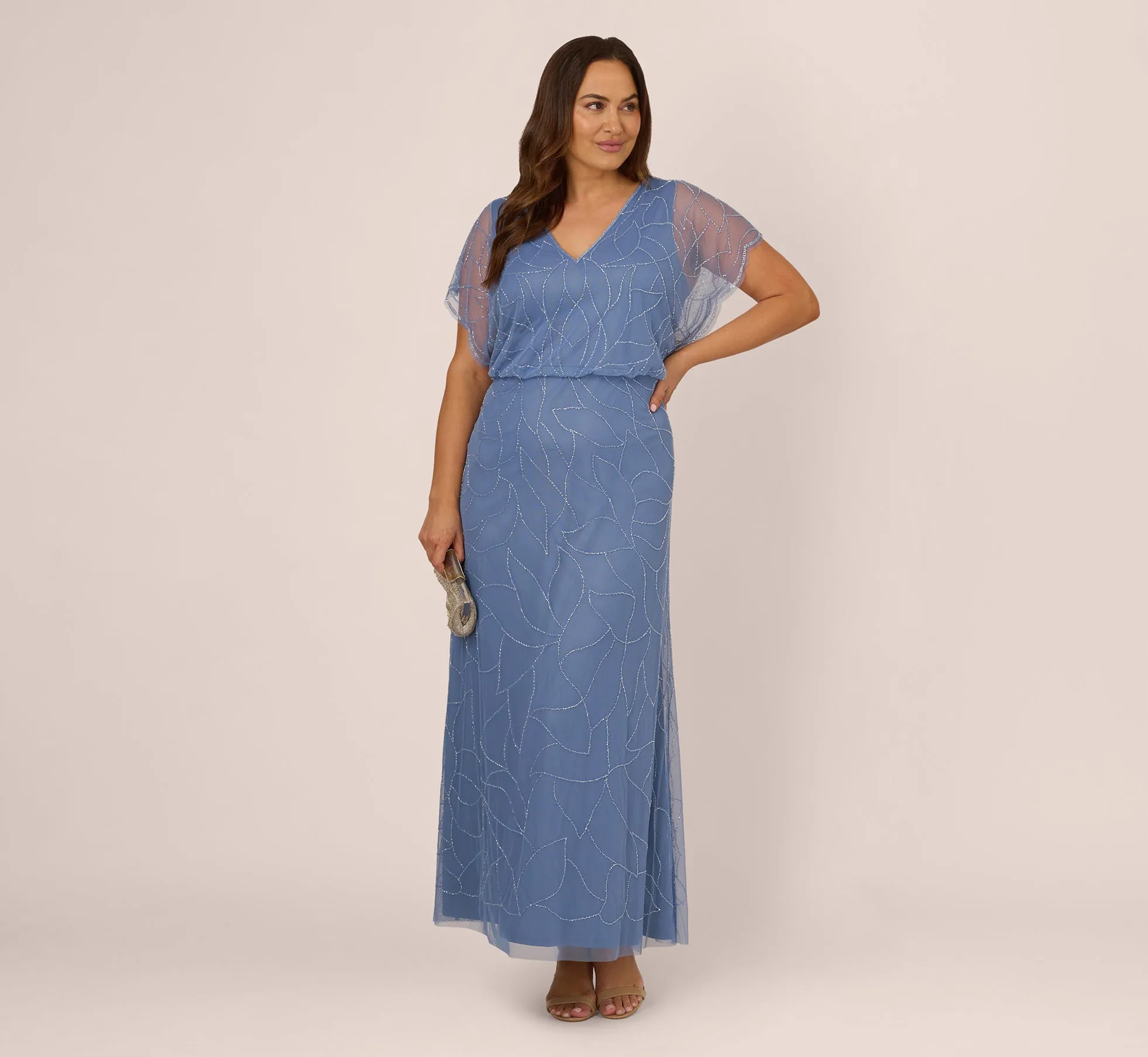 Plus Size Beaded Blouson Mermaid Gown With Sheer Dolman Sleeves In French Blue sold by Adrianna Papell product image thumbnail 2