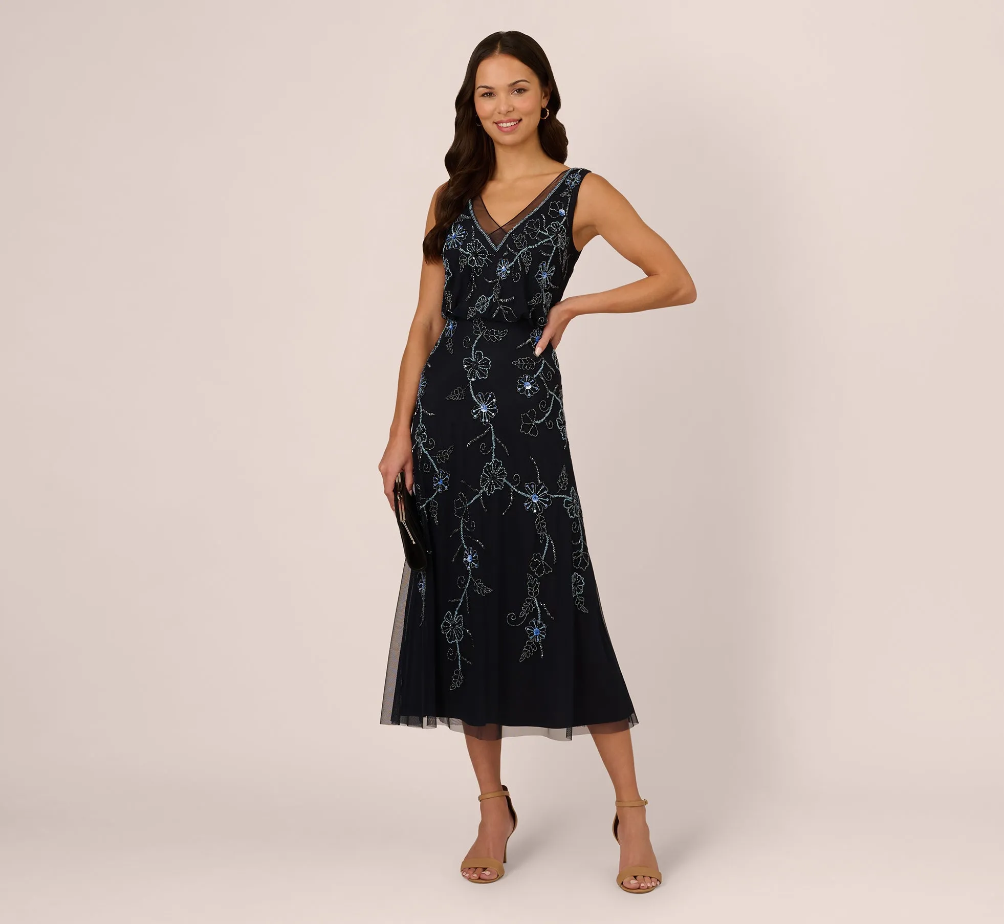 Sleeveless Beaded Blouson Midi Dress In Midnight Multi sold by Adrianna Papell product image thumbnail 2