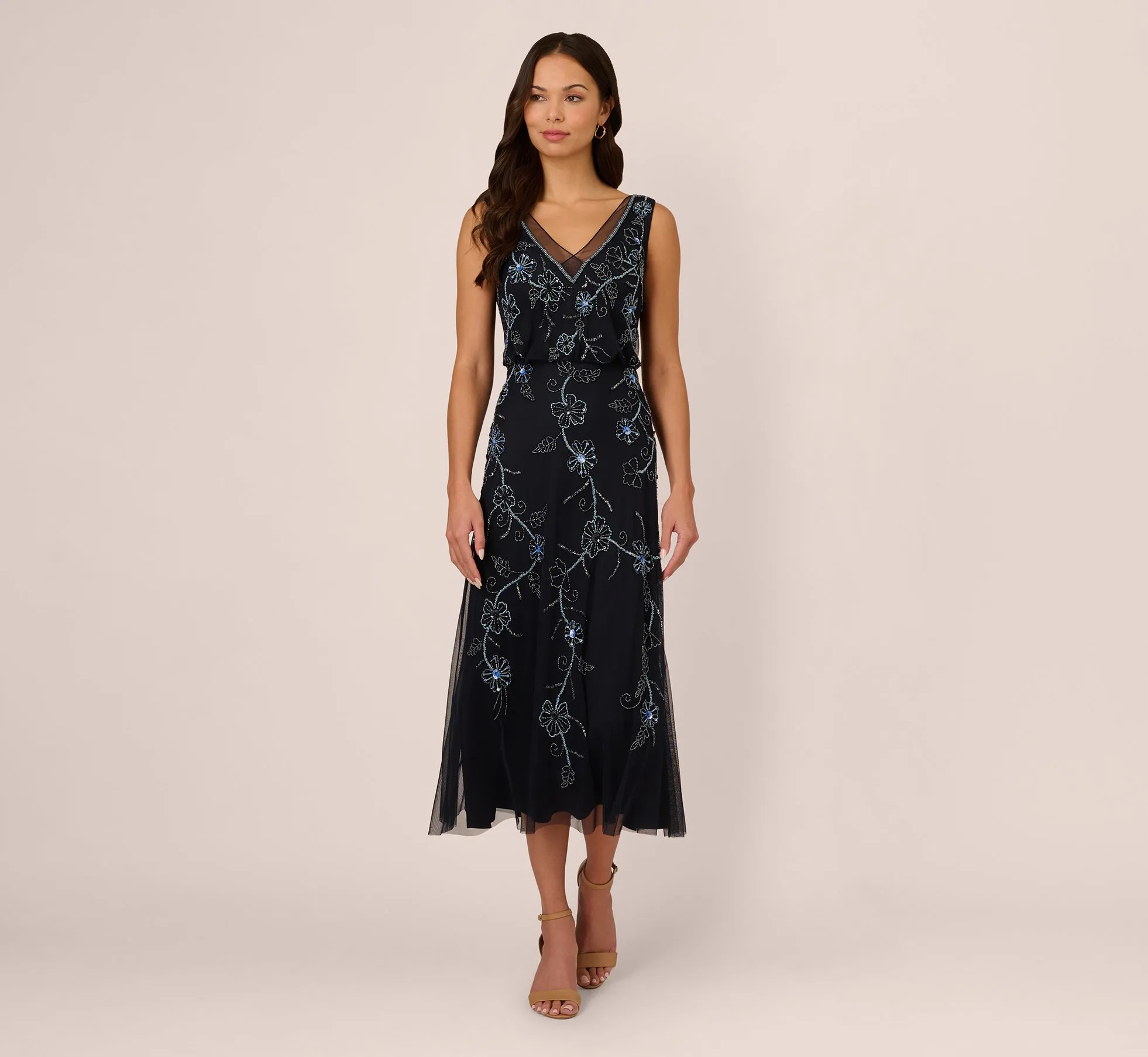 Sleeveless Beaded Blouson Midi Dress In Midnight Multi sold by Adrianna Papell