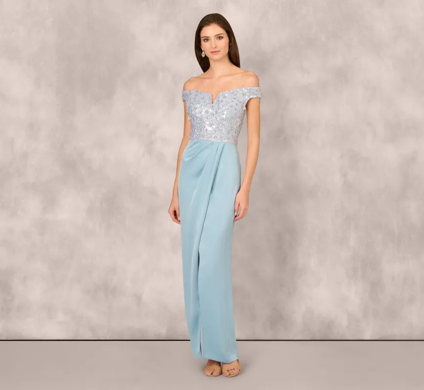 Off Shoulder Beaded Satin Combo Long Dress In Clear Water sold by Adrianna Papell