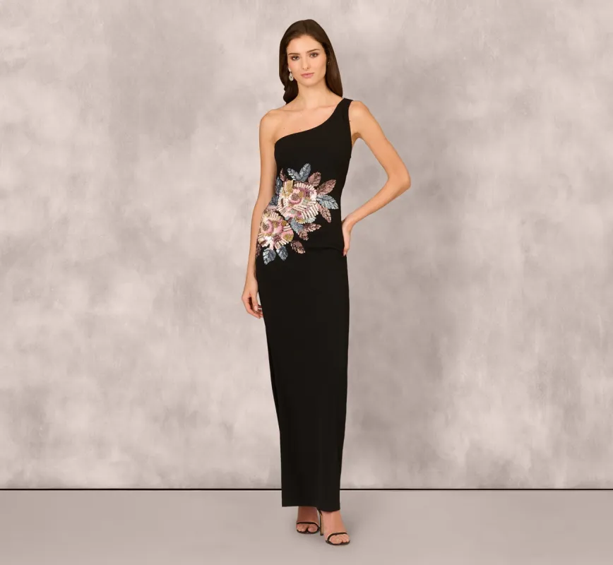 One Shoulder Beaded Floral Detail Long Dress In Black sold by Adrianna Papell