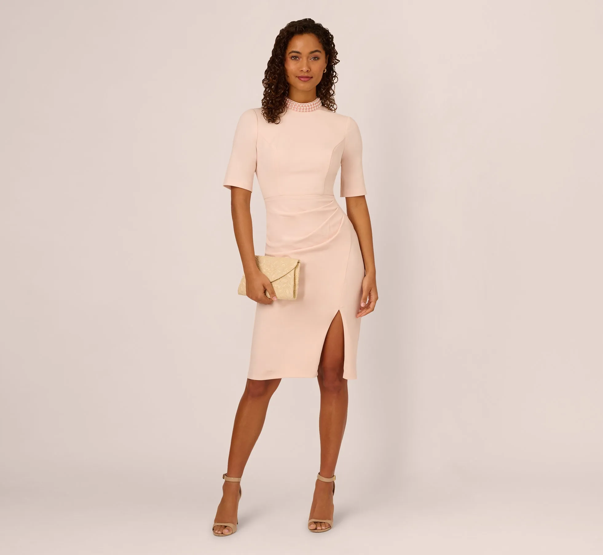 Embellished Short Sleeve Crepe Midi Sheath Dress In Joyful Blush sold by Adrianna Papell product image thumbnail 2