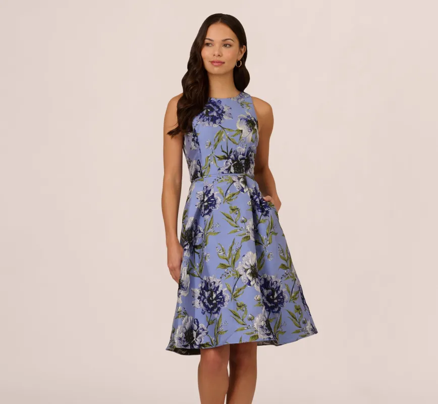 Sleeveless Jacquard Fit And Flare Midi Dress In Blue Multi sold by Adrianna Papell