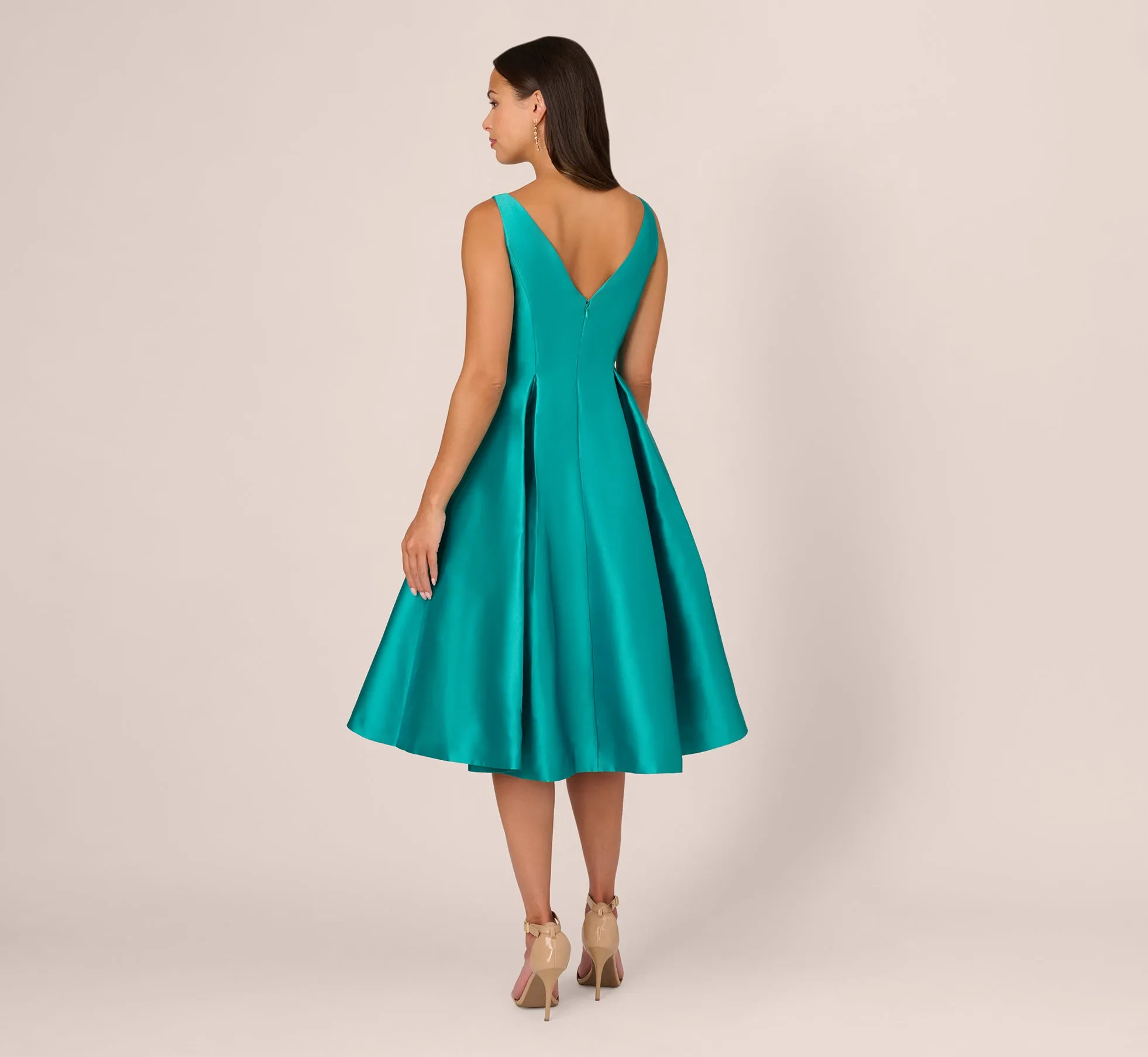 Sleeveless Mikado Fit And Flare Midi Dress With V-Back In Exotic Jade sold by Adrianna Papell product image thumbnail 4