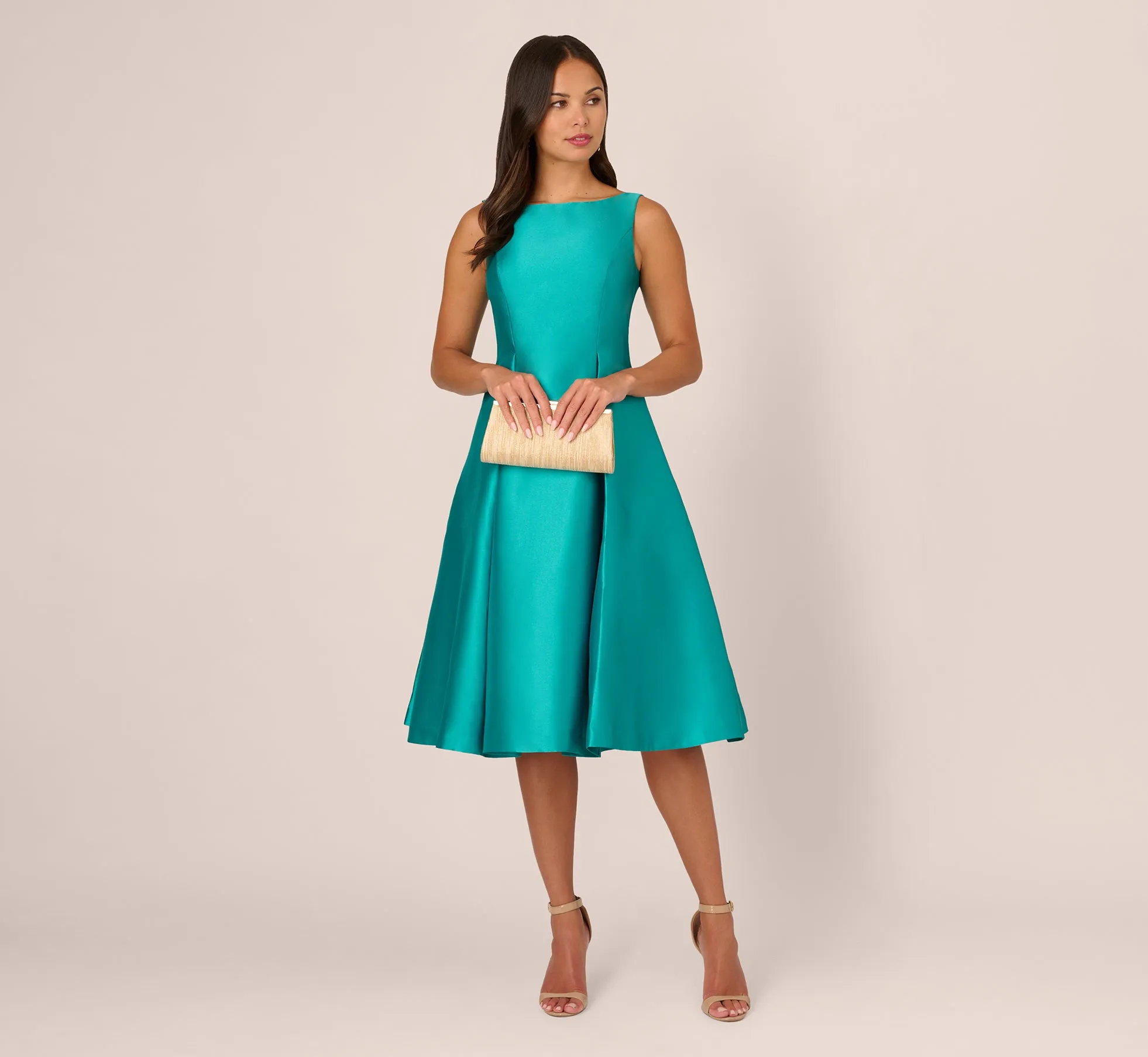 Sleeveless Mikado Fit And Flare Midi Dress With V-Back In Exotic Jade sold by Adrianna Papell product image thumbnail 2