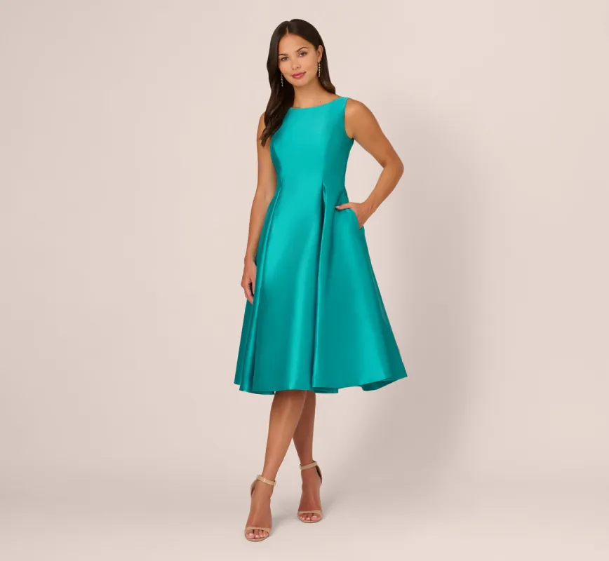 Sleeveless Mikado Fit And Flare Midi Dress With V-Back In Exotic Jade sold by Adrianna Papell