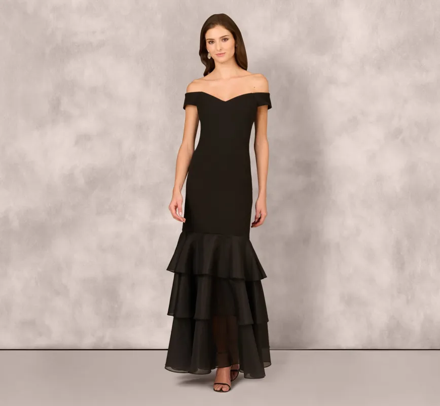 Off Shoulder Organza Flounce Mermaid Gown In Black sold by Adrianna Papell