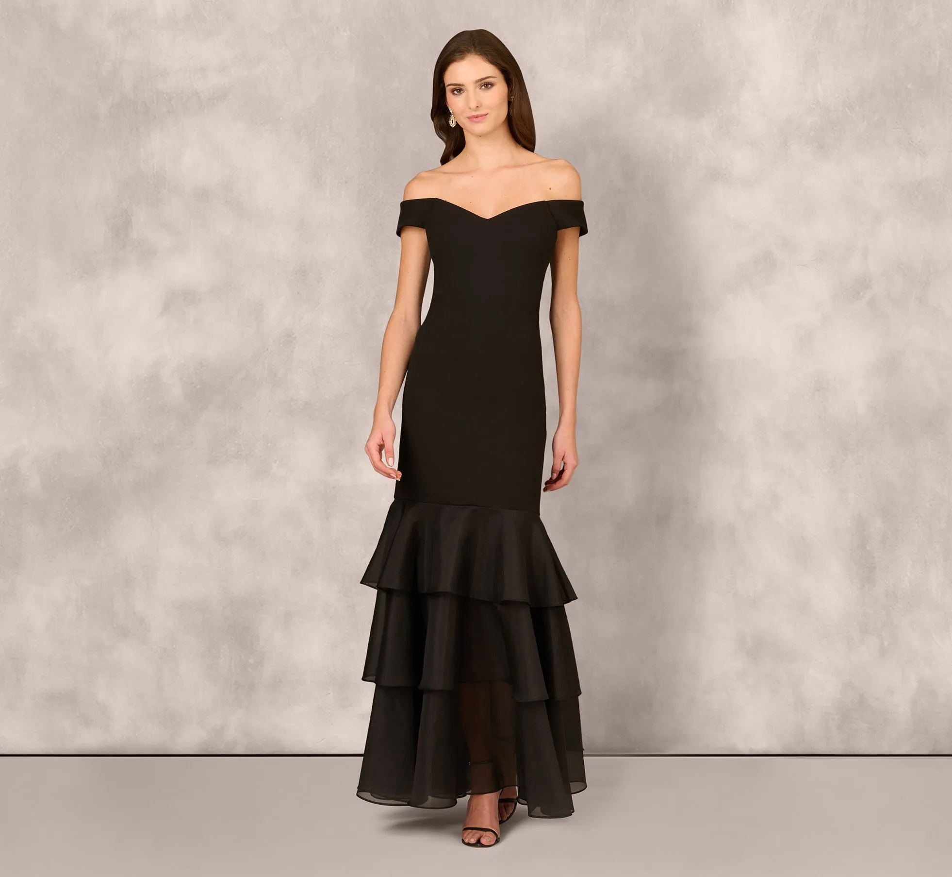 Off Shoulder Organza Flounce Mermaid Gown In Black sold by Adrianna Papell