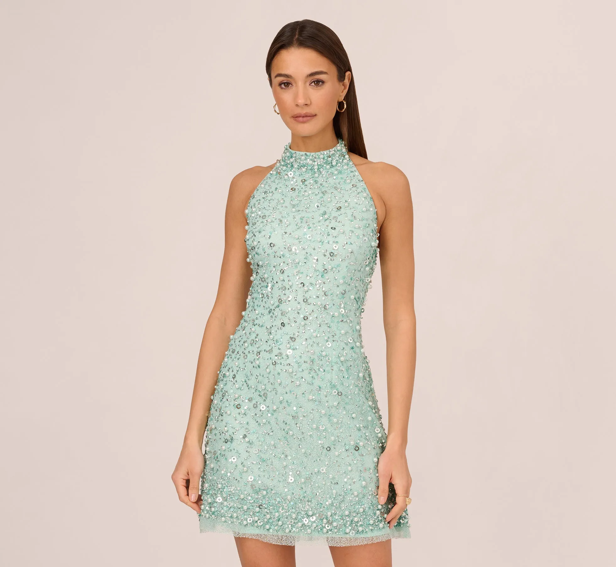 Beaded Halter Swing Dress With Mock Neck In Fresh Mint sold by Adrianna Papell