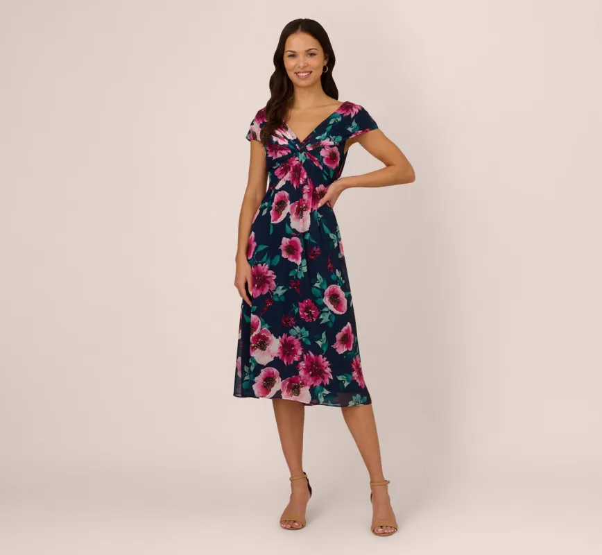 Cap Sleeve Floral Chiffon A Line Midi Dress In Navy Pink Multi sold by Adrianna Papell