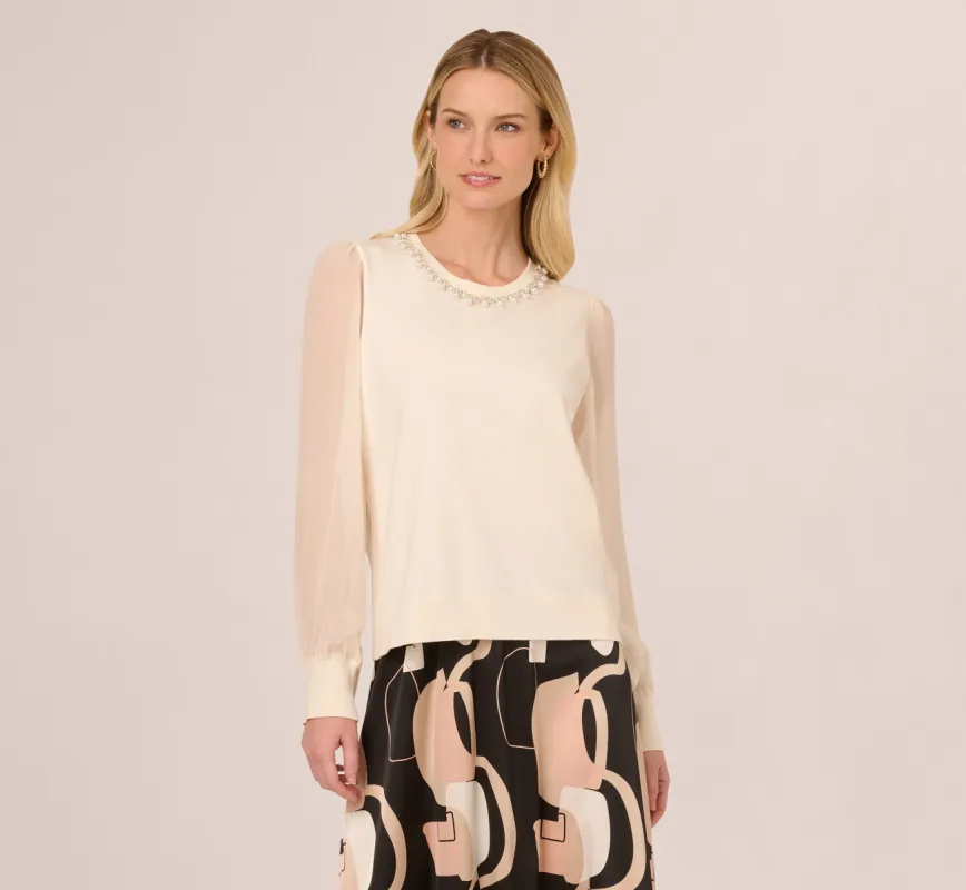 Pearl Trim Chiffon Sleeves Pullover Sweater In Winter White sold by Adrianna Papell