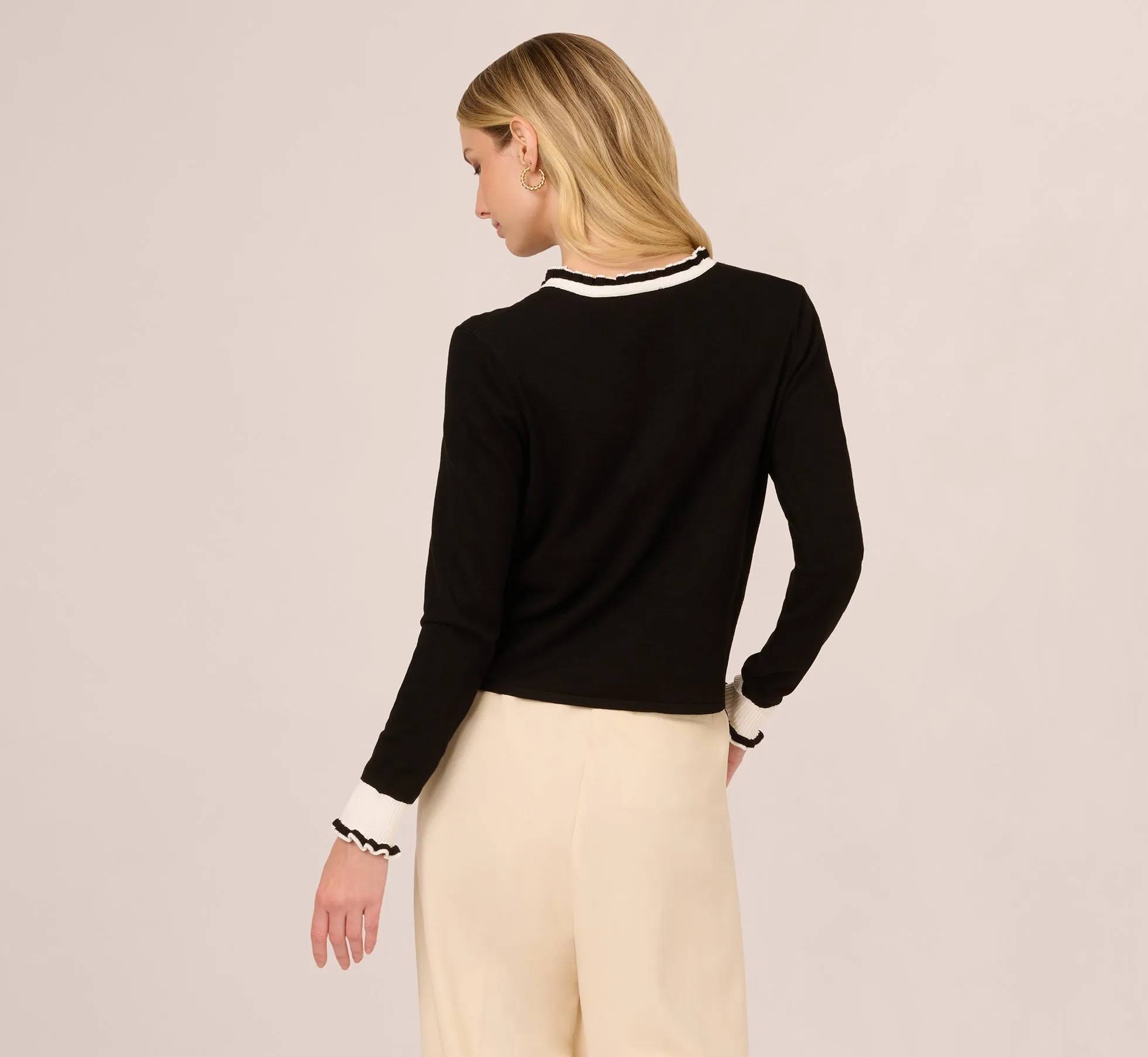 Contrast Ruffle Cardigan In Black Ivory sold by Adrianna Papell product image thumbnail 4