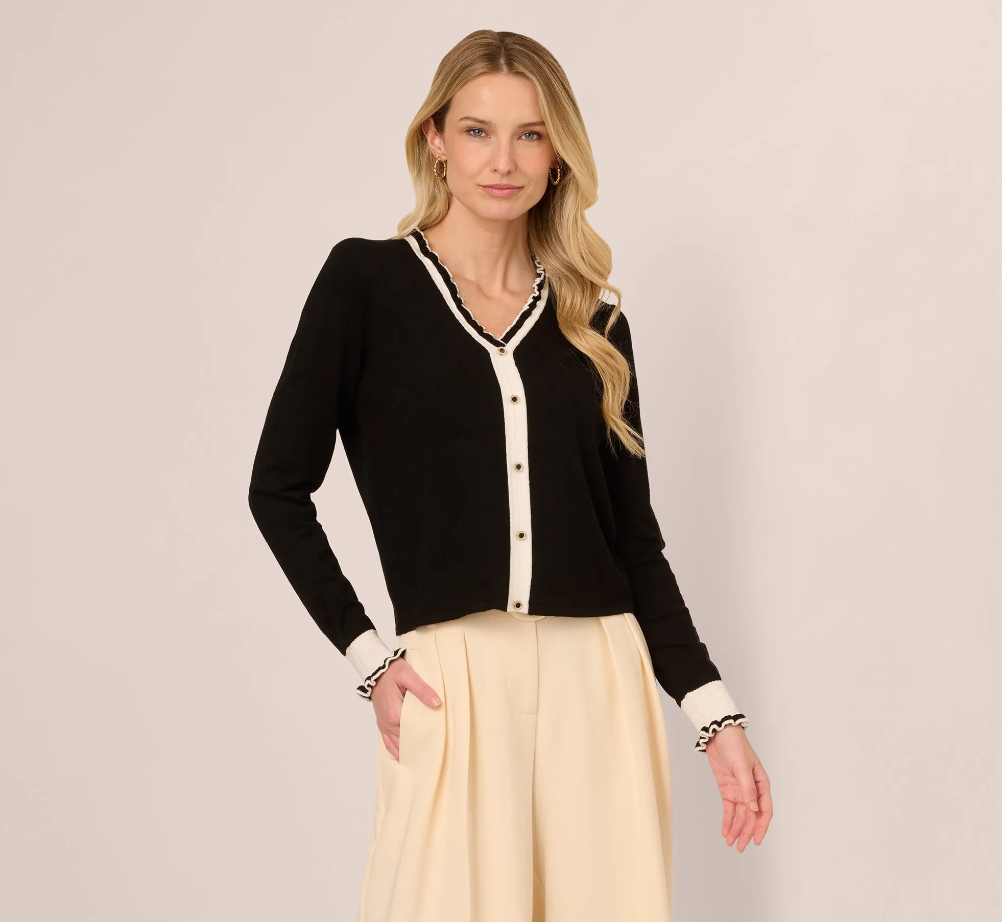 Contrast Ruffle Cardigan In Black Ivory sold by Adrianna Papell