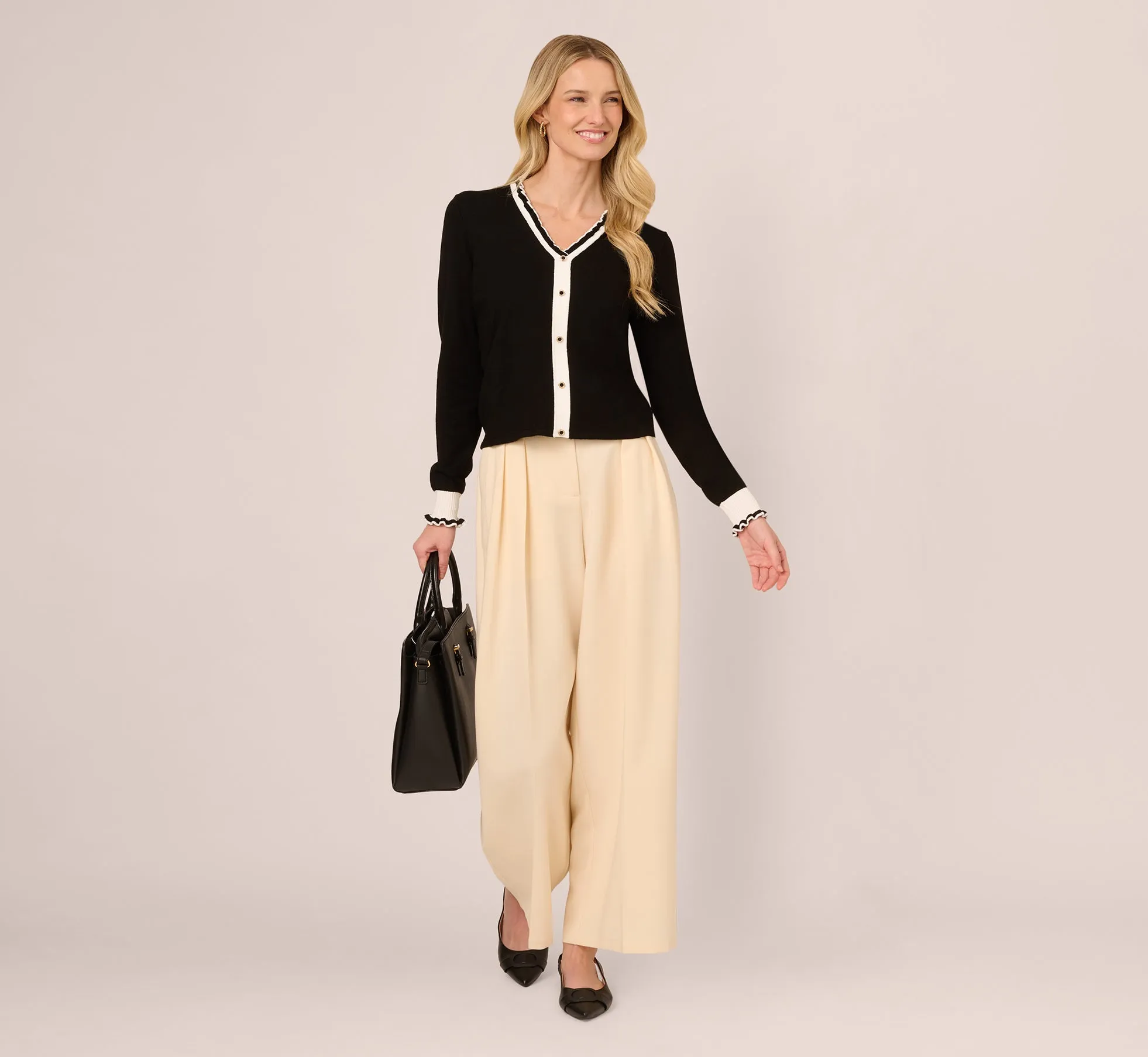 Contrast Ruffle Cardigan In Black Ivory sold by Adrianna Papell product image thumbnail 2
