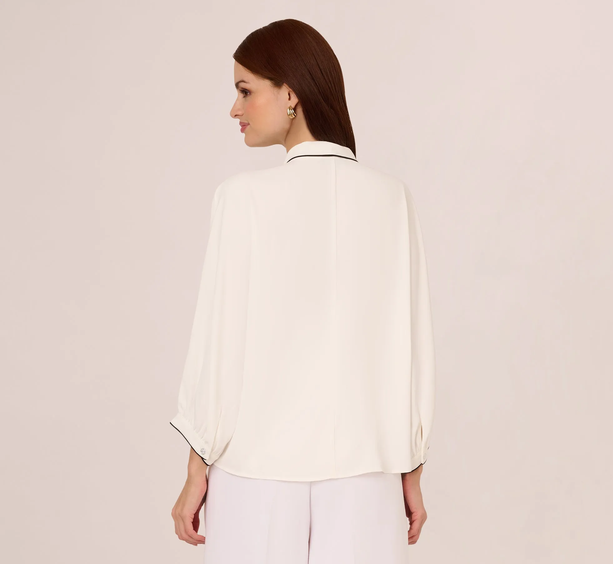 Oversized Fit Tie Collar Top In Ivory Black sold by Adrianna Papell product image thumbnail 4