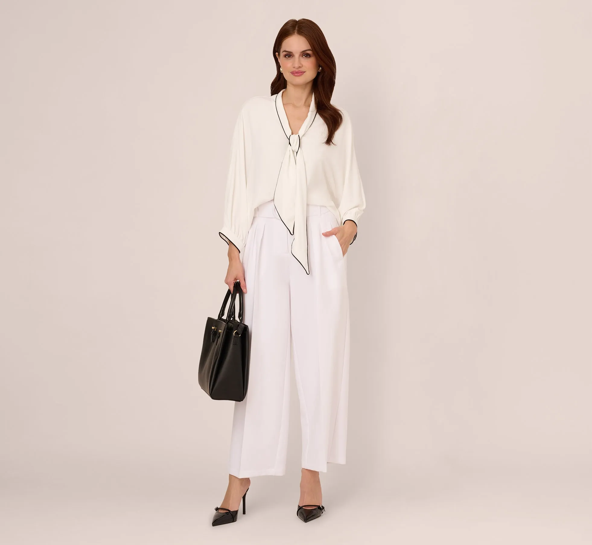 Oversized Fit Tie Collar Top In Ivory Black sold by Adrianna Papell product image thumbnail 2