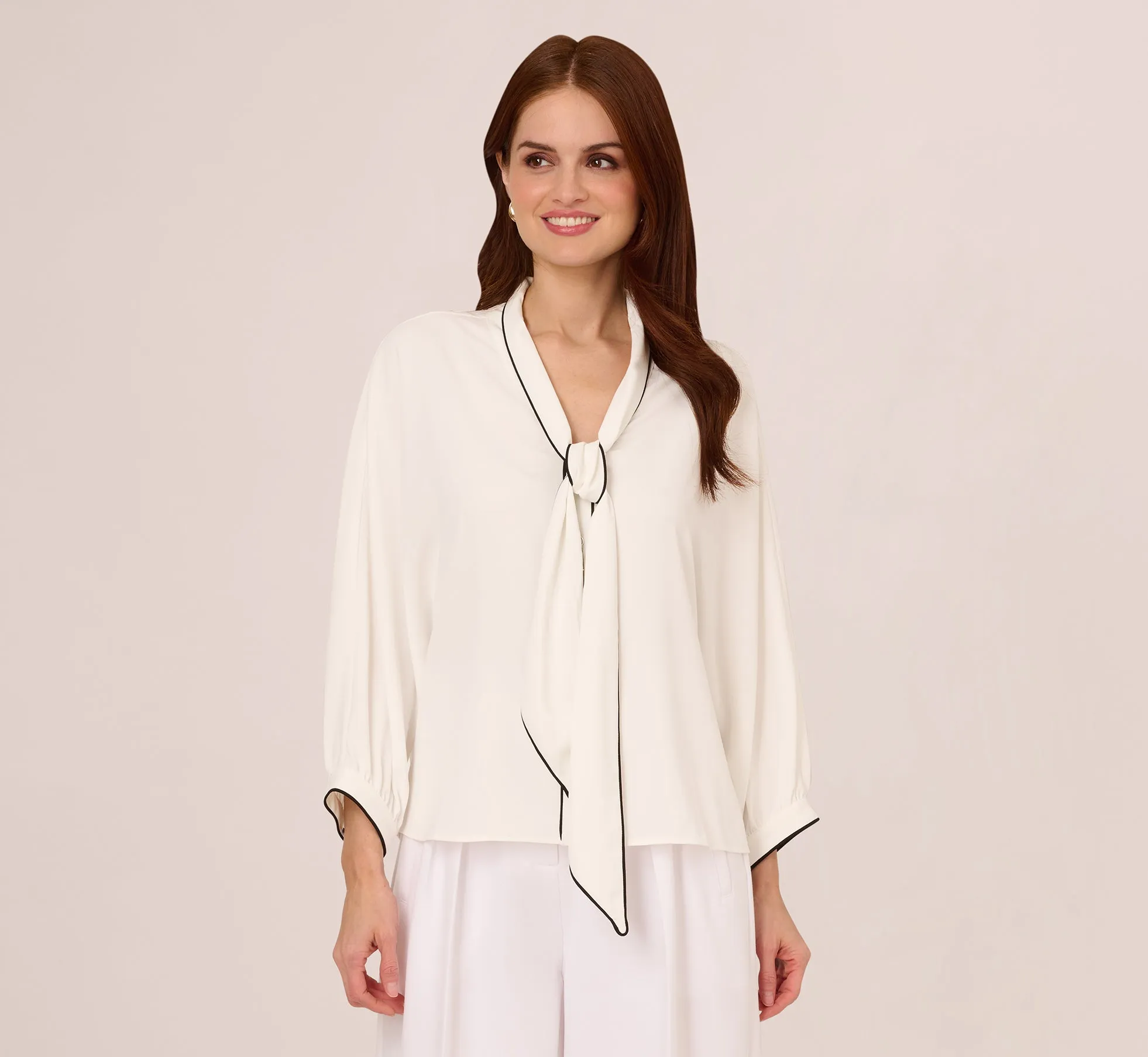 Oversized Fit Tie Collar Top In Ivory Black sold by Adrianna Papell