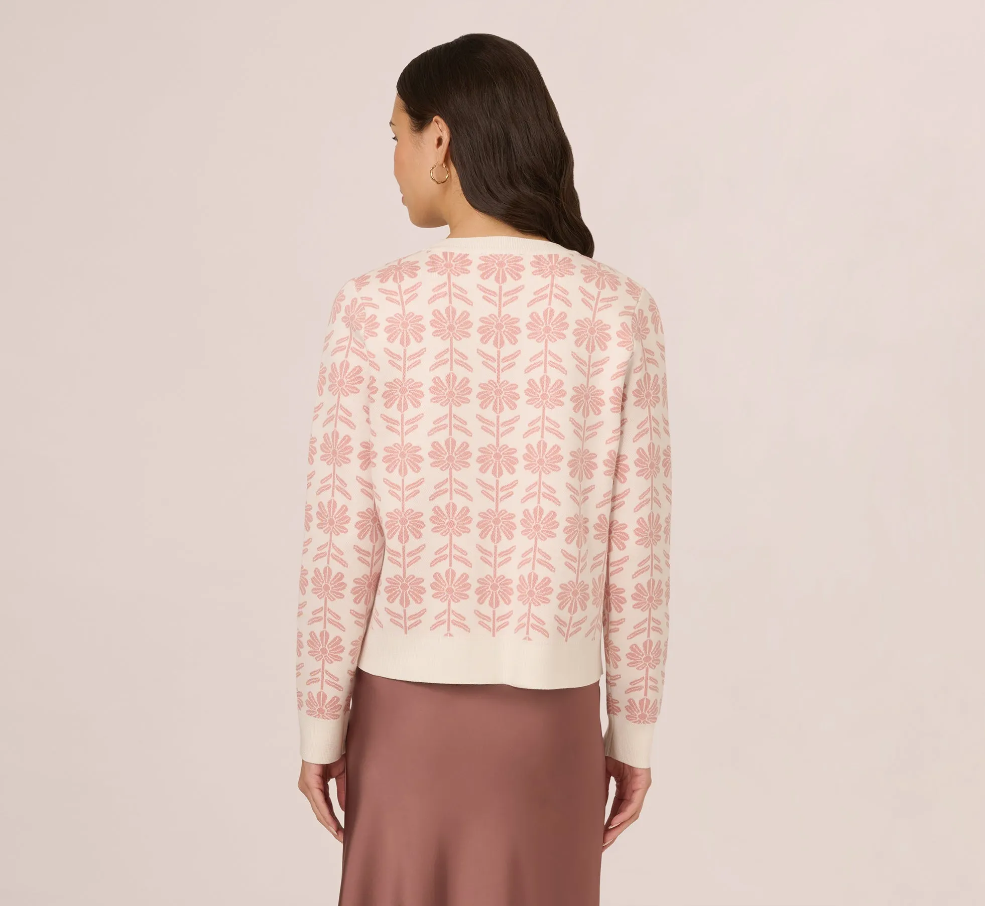 Crew Neck Floral Pullover Sweater In Ivory Champagne Rose Floral sold by Adrianna Papell product image thumbnail 4