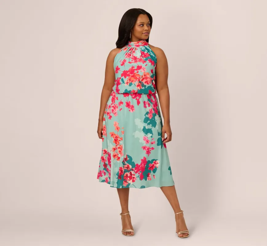 Plus Size Floral Chiffon Midi Halter Dress In Turquoise Multi sold by Adrianna Papell