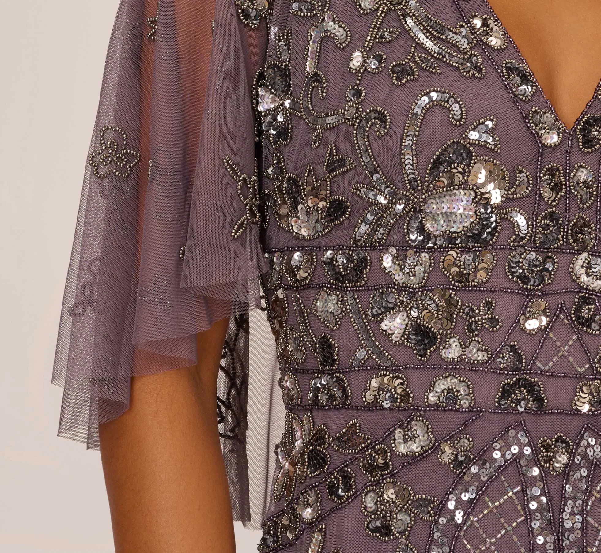 Sequin Beaded Gown With Sheer Cape Sleeves In Moonscape sold by Adrianna Papell product image thumbnail 5