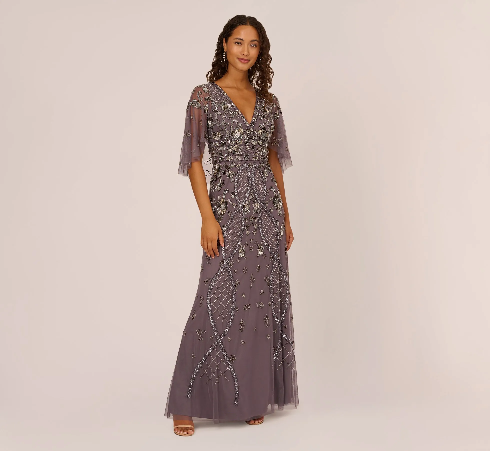 Sequin Beaded Gown With Sheer Cape Sleeves In Moonscape sold by Adrianna Papell