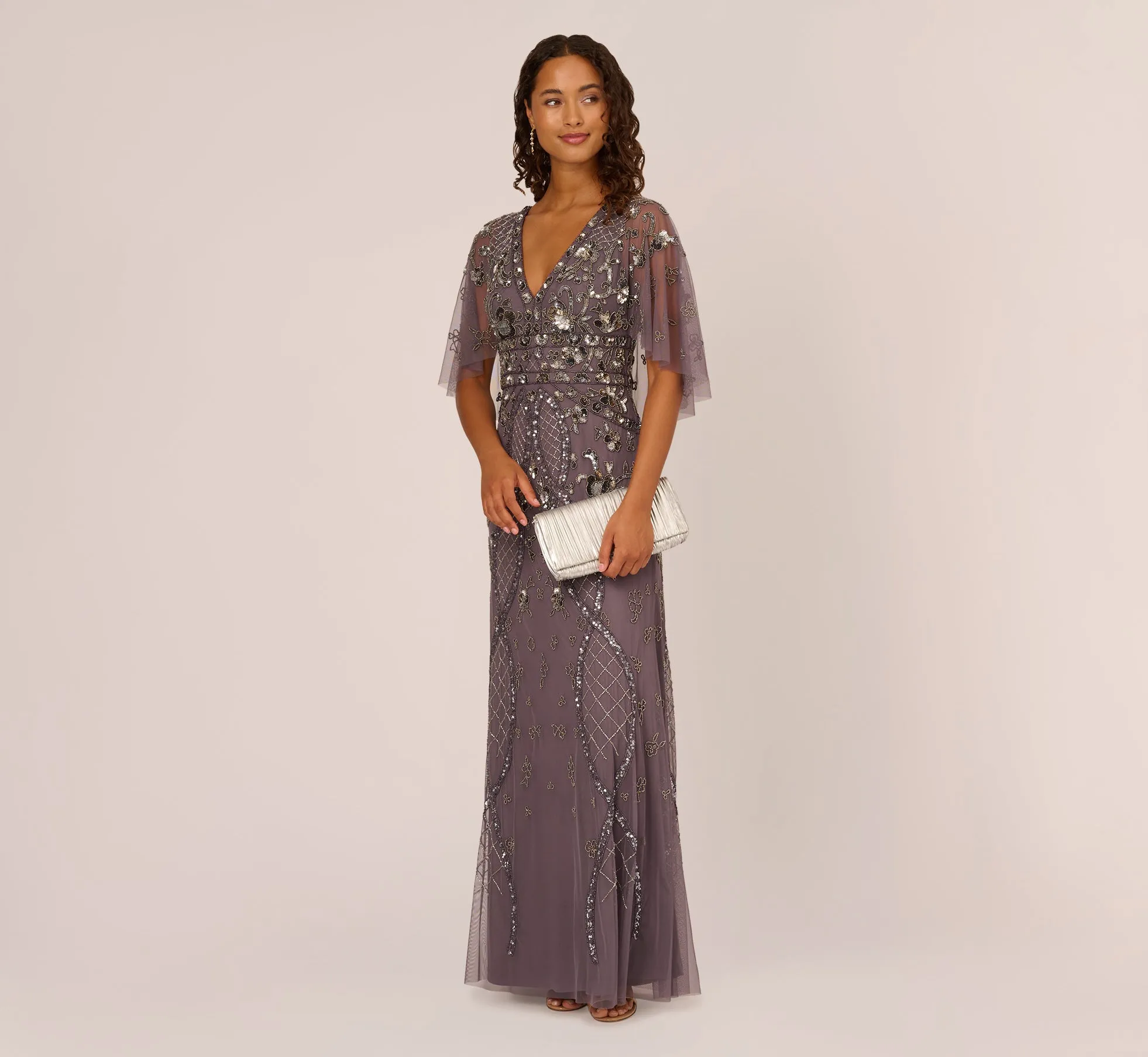 Sequin Beaded Gown With Sheer Cape Sleeves In Moonscape sold by Adrianna Papell product image thumbnail 2