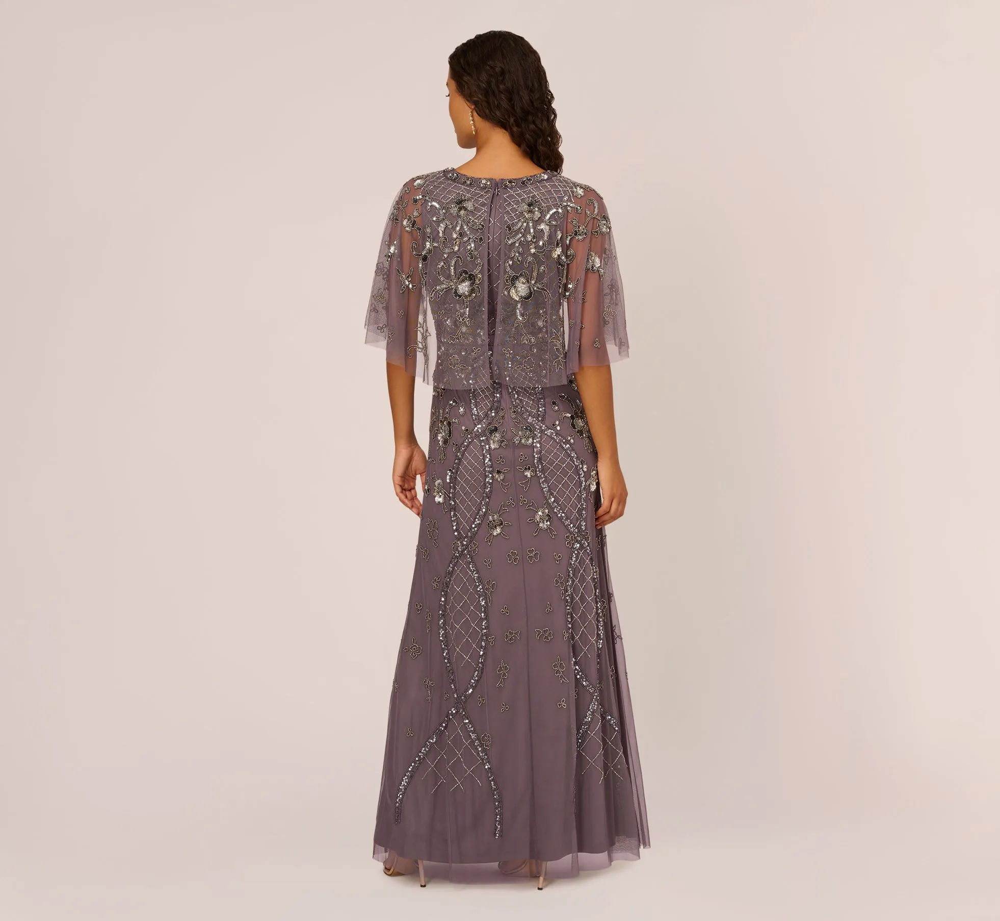 Sequin Beaded Gown With Sheer Cape Sleeves In Moonscape sold by Adrianna Papell product image thumbnail 4