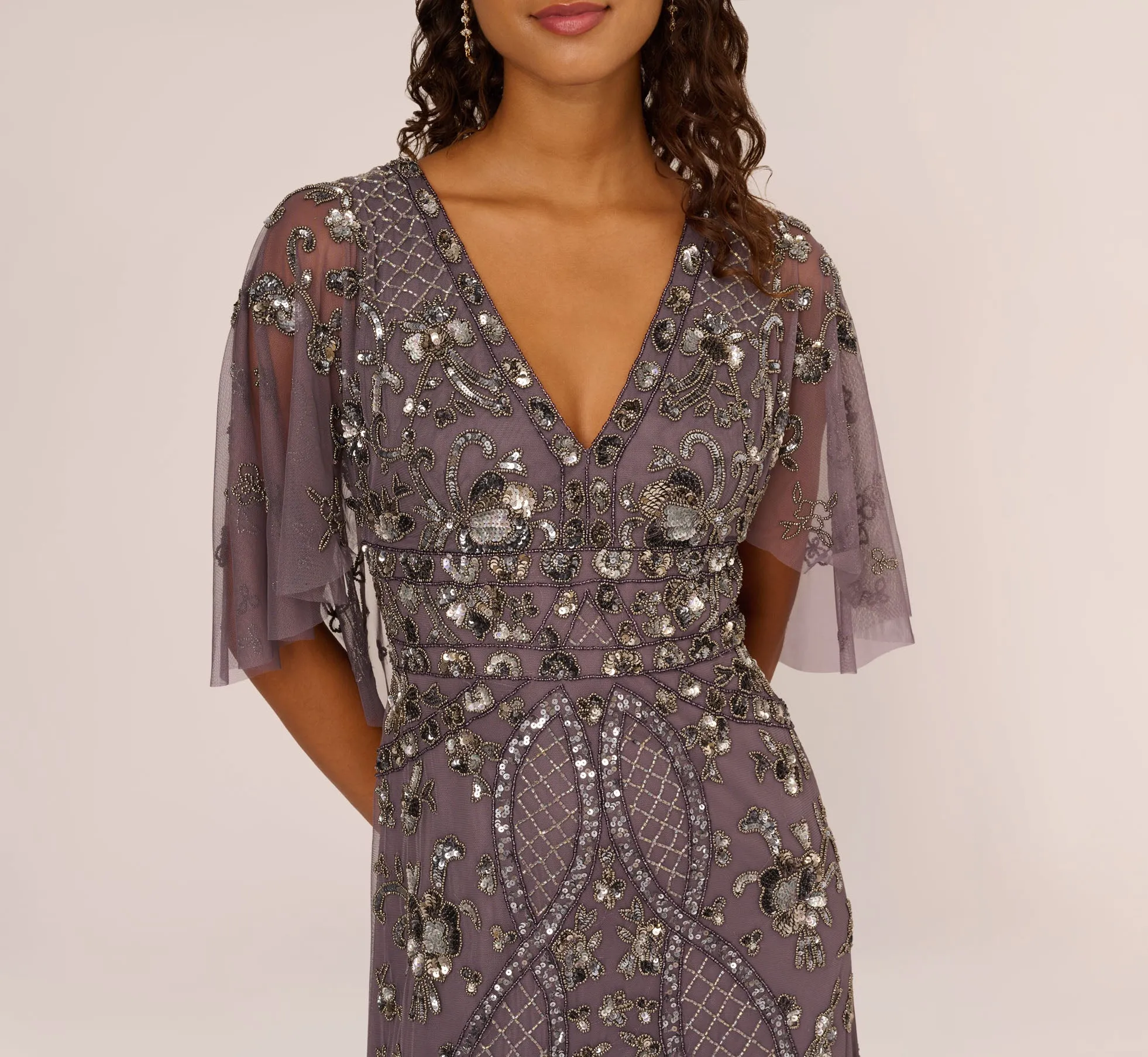 Sequin Beaded Gown With Sheer Cape Sleeves In Moonscape sold by Adrianna Papell product image thumbnail 3