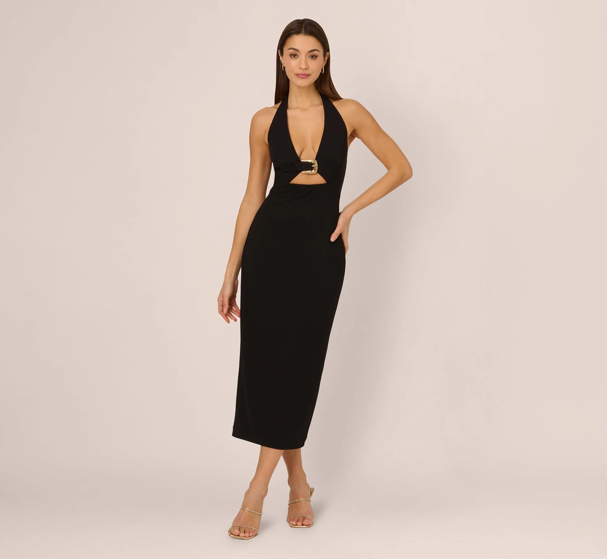 Halter Buckle Detail Midi Dress In Black sold by Adrianna Papell