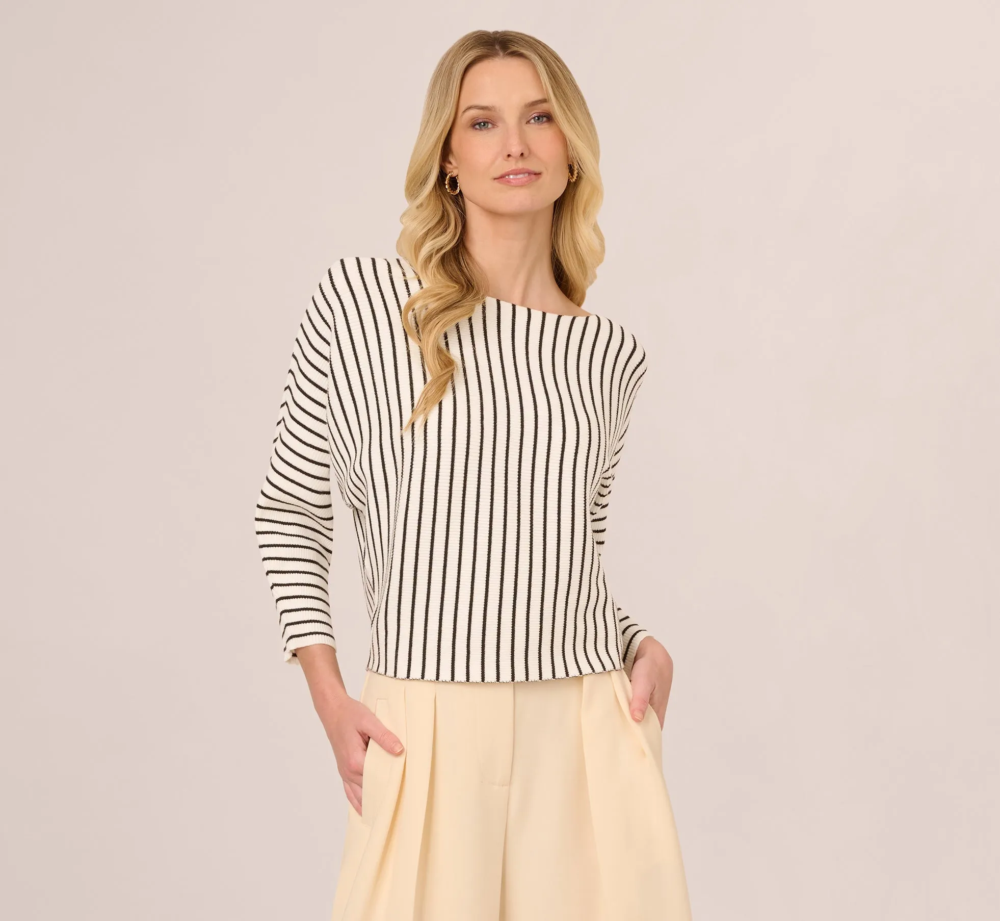 Striped Rib Knit Dolman Sleeve Sweater In Ivory Black sold by Adrianna Papell