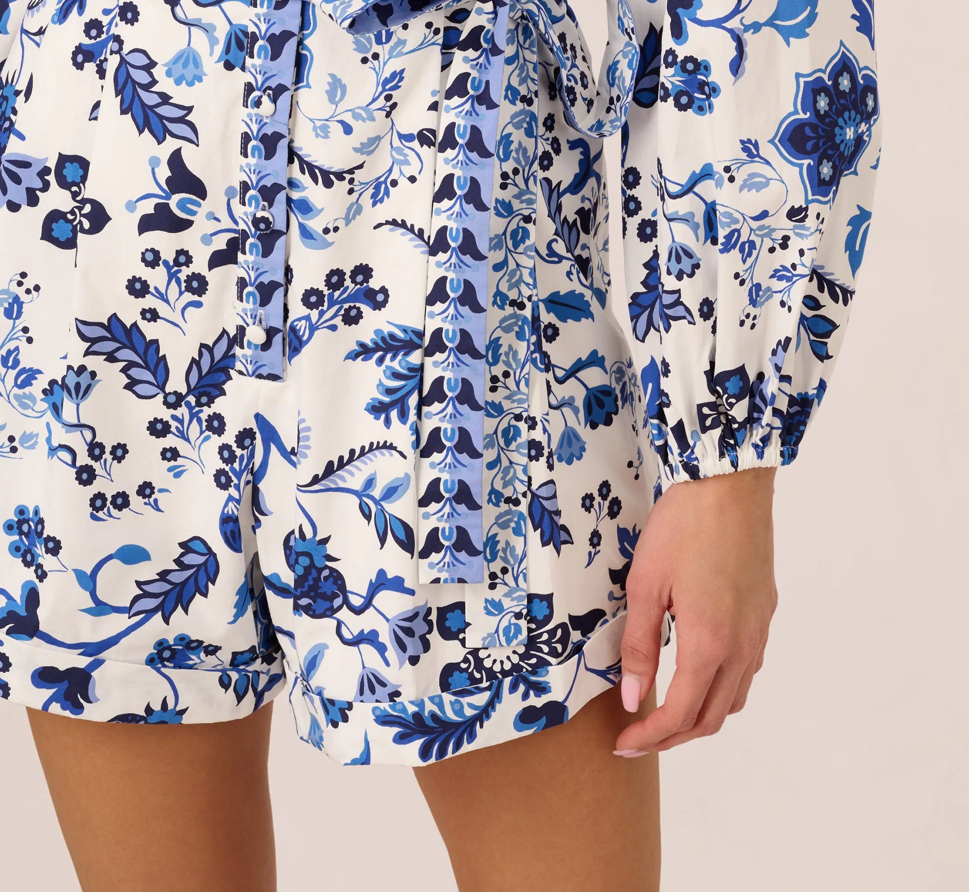 Long Sleeve Tie Front Floral Romper In White Blue Multi sold by Adrianna Papell product image thumbnail 5