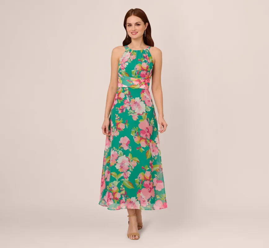Floral Chiffon Halter Midi Dress In Green Multi sold by Adrianna Papell