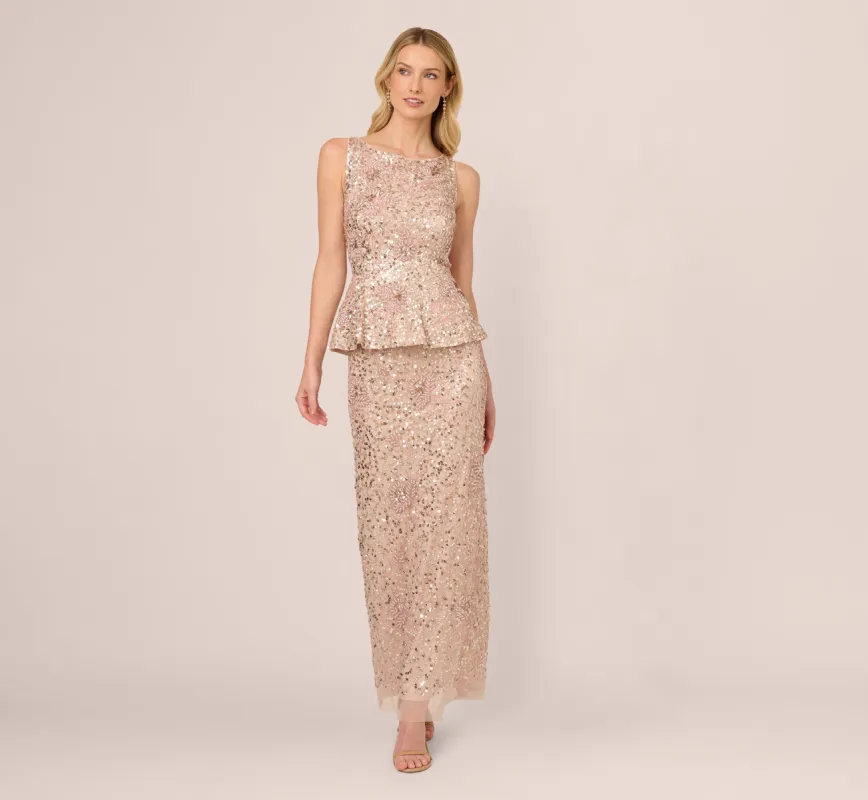Sleeveless Beaded Peplum Dress In Shell sold by Adrianna Papell