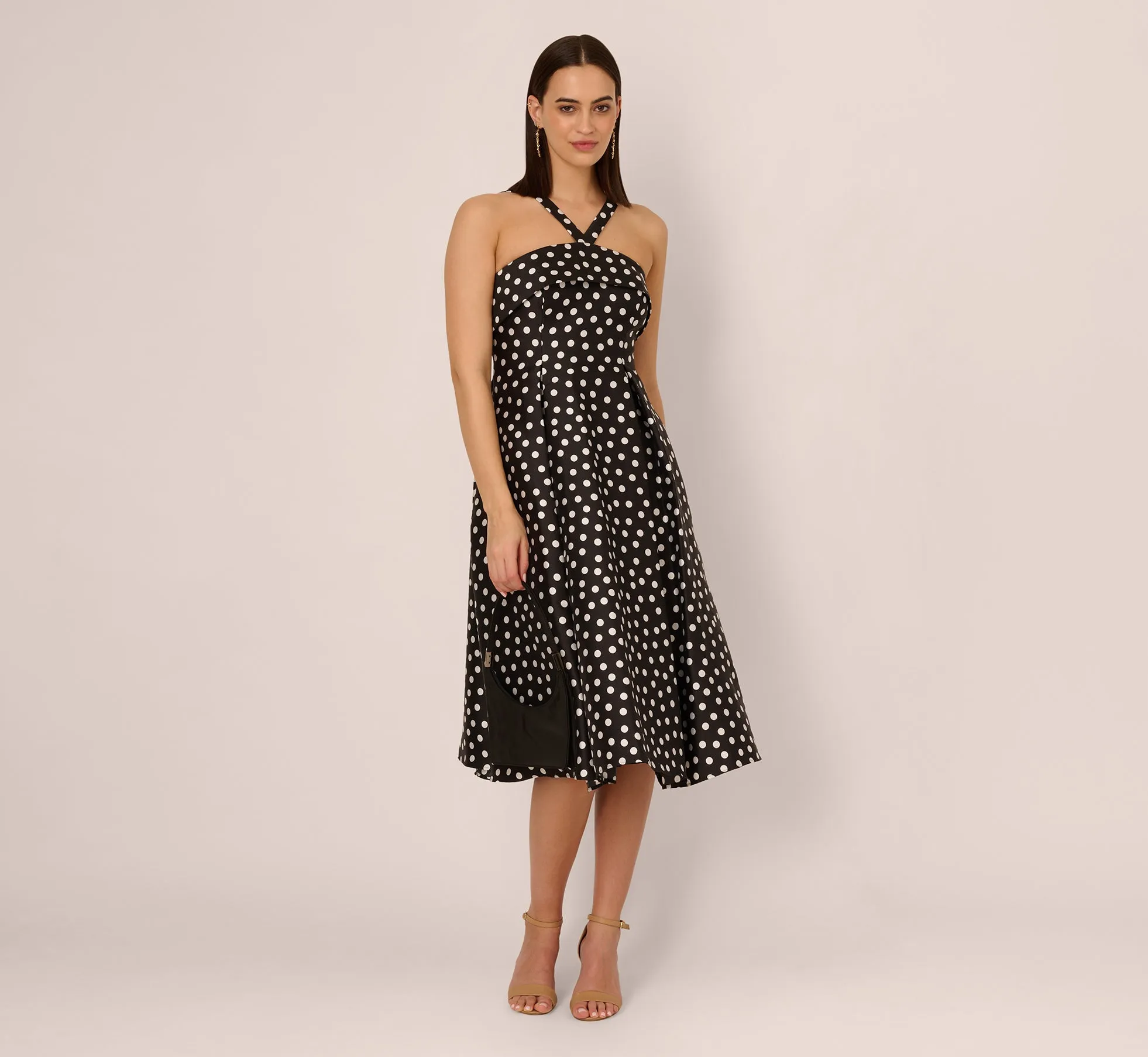 Polka Dot Halter Fit And Flare Midi Dress In Black Ivory sold by Adrianna Papell product image thumbnail 2