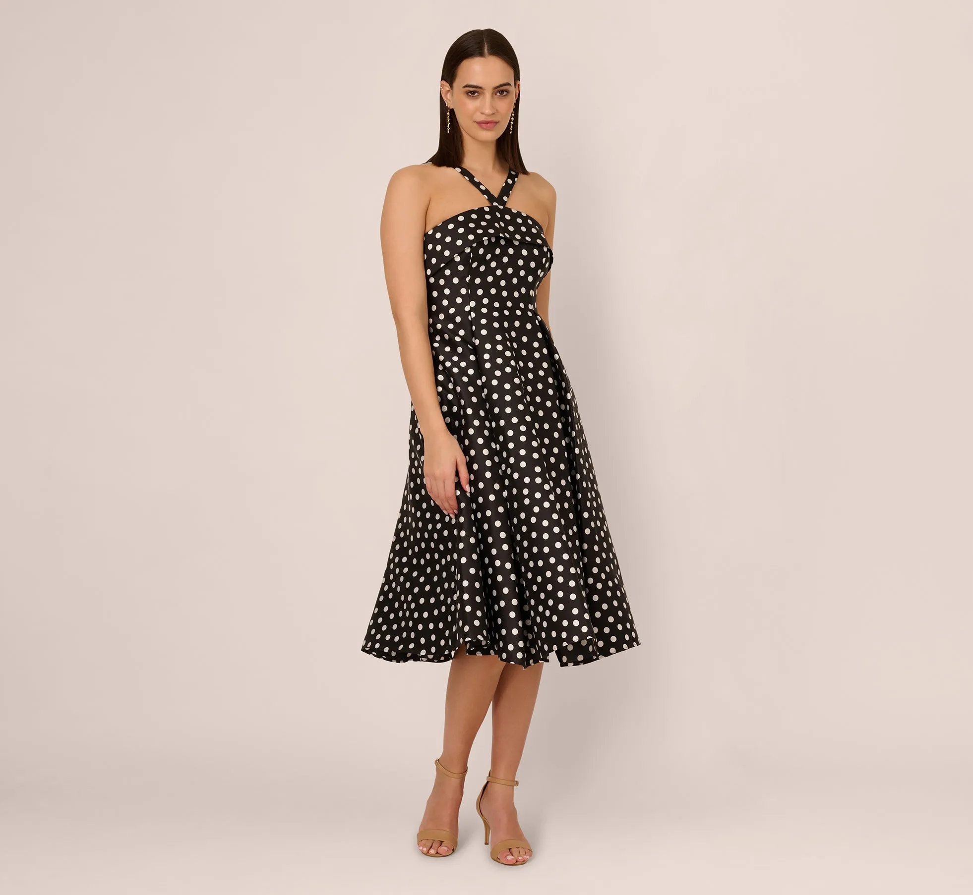Polka Dot Halter Fit And Flare Midi Dress In Black Ivory sold by Adrianna Papell