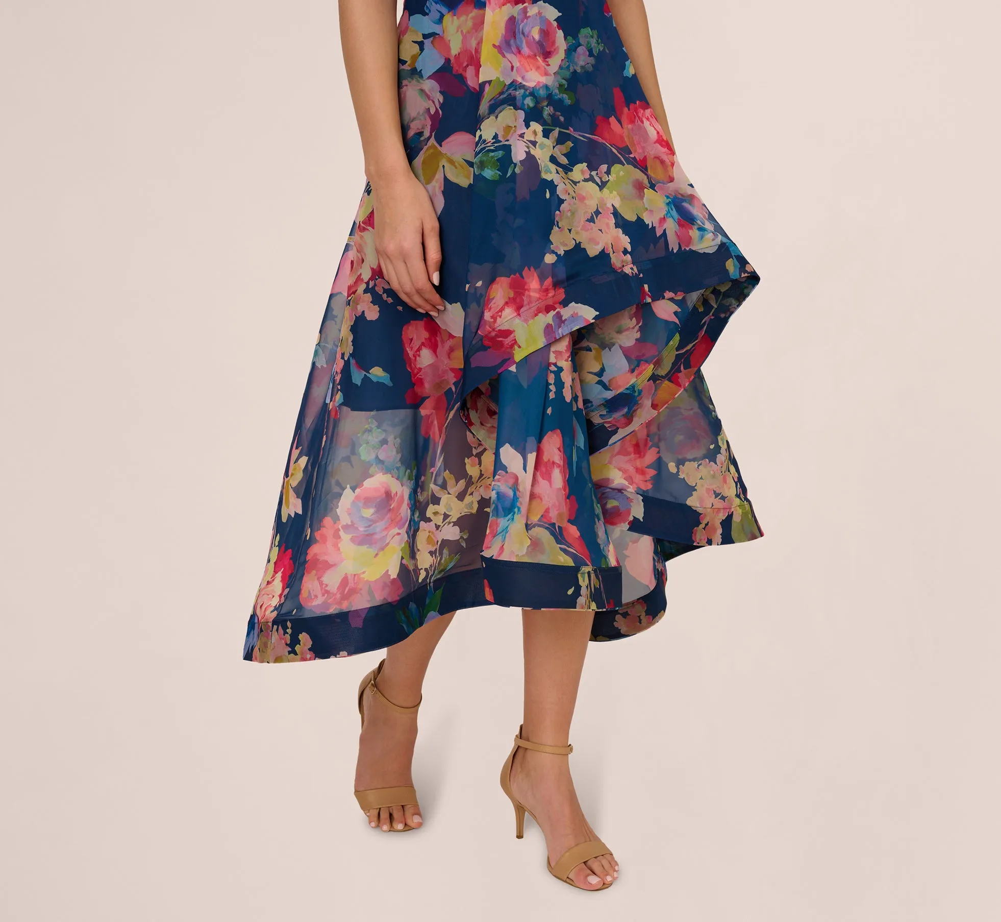 Off Shoulder Floral Organza High Low Dress In Navy Multi sold by Adrianna Papell product image thumbnail 5