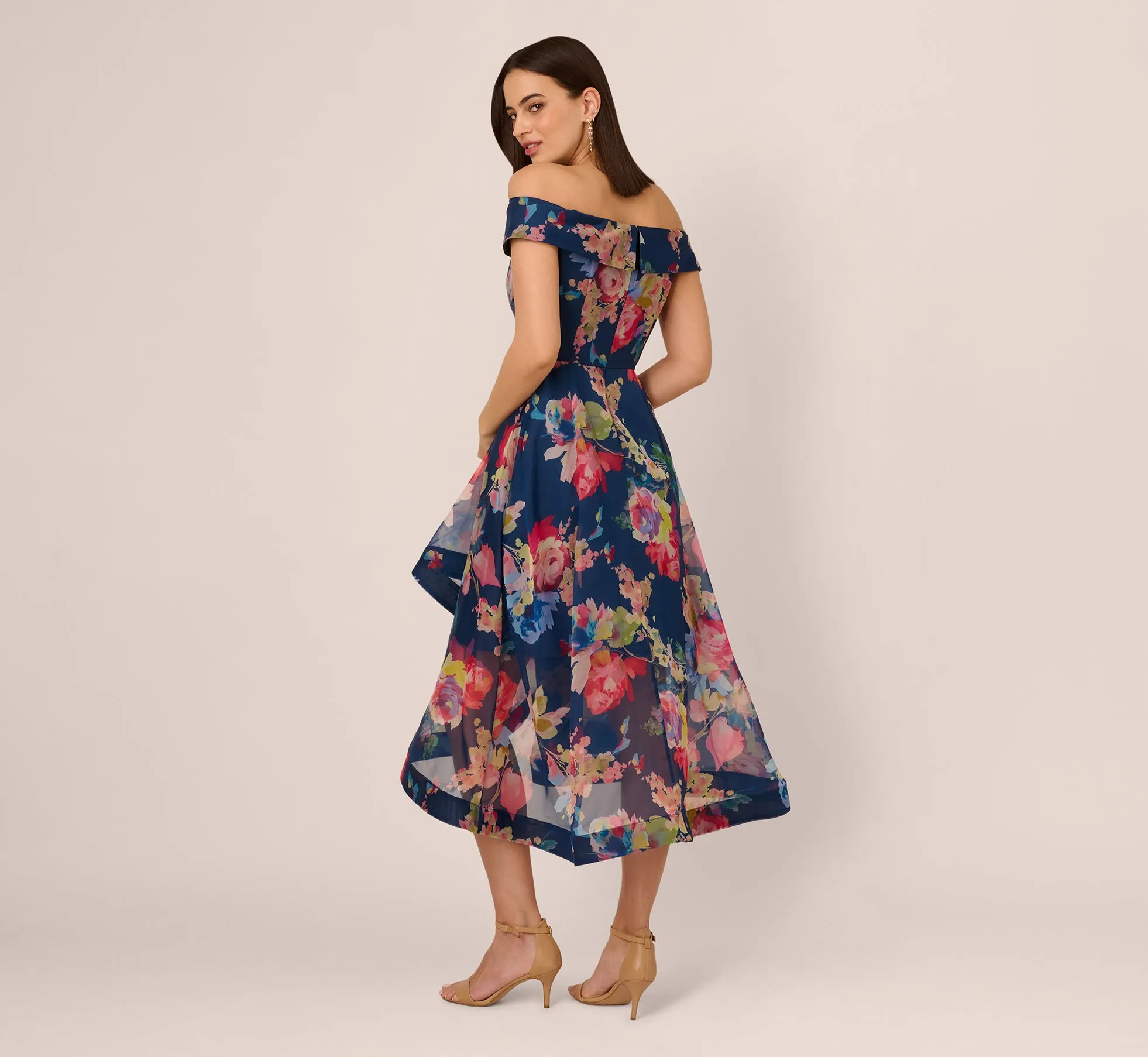 Off Shoulder Floral Organza High Low Dress In Navy Multi sold by Adrianna Papell product image thumbnail 4
