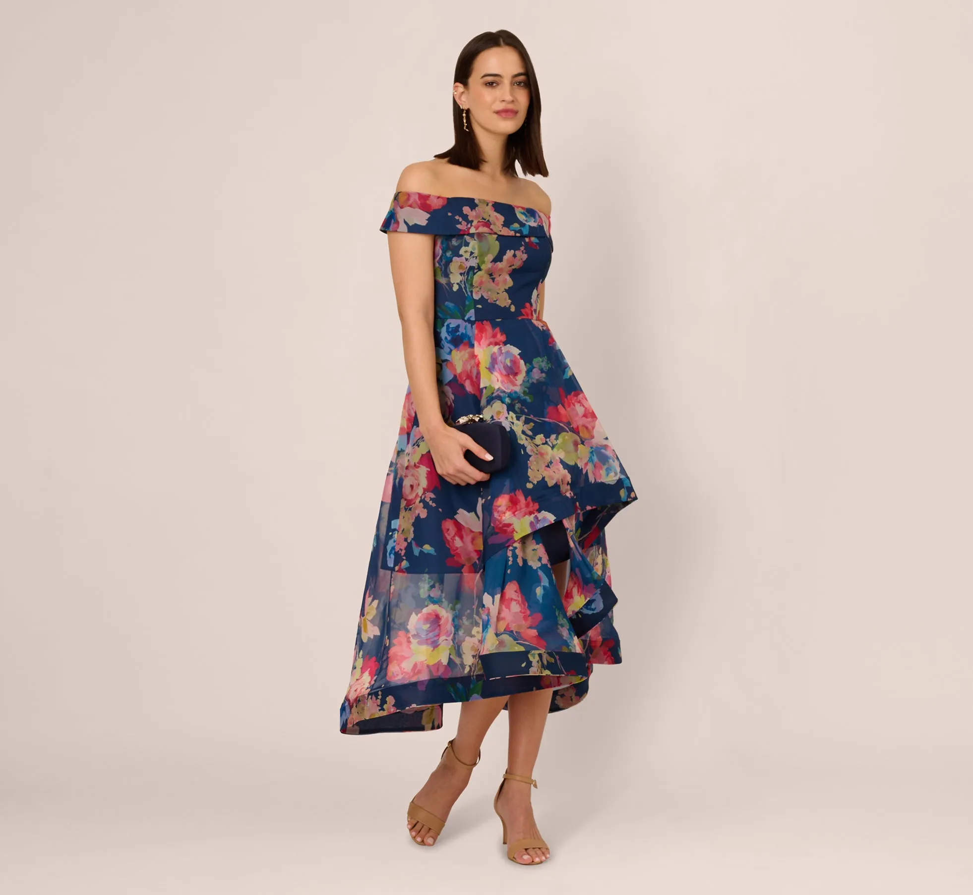 Off Shoulder Floral Organza High Low Dress In Navy Multi sold by Adrianna Papell product image thumbnail 2