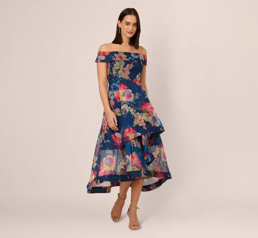 Off Shoulder Floral Organza High Low Dress In Navy Multi sold by Adrianna Papell